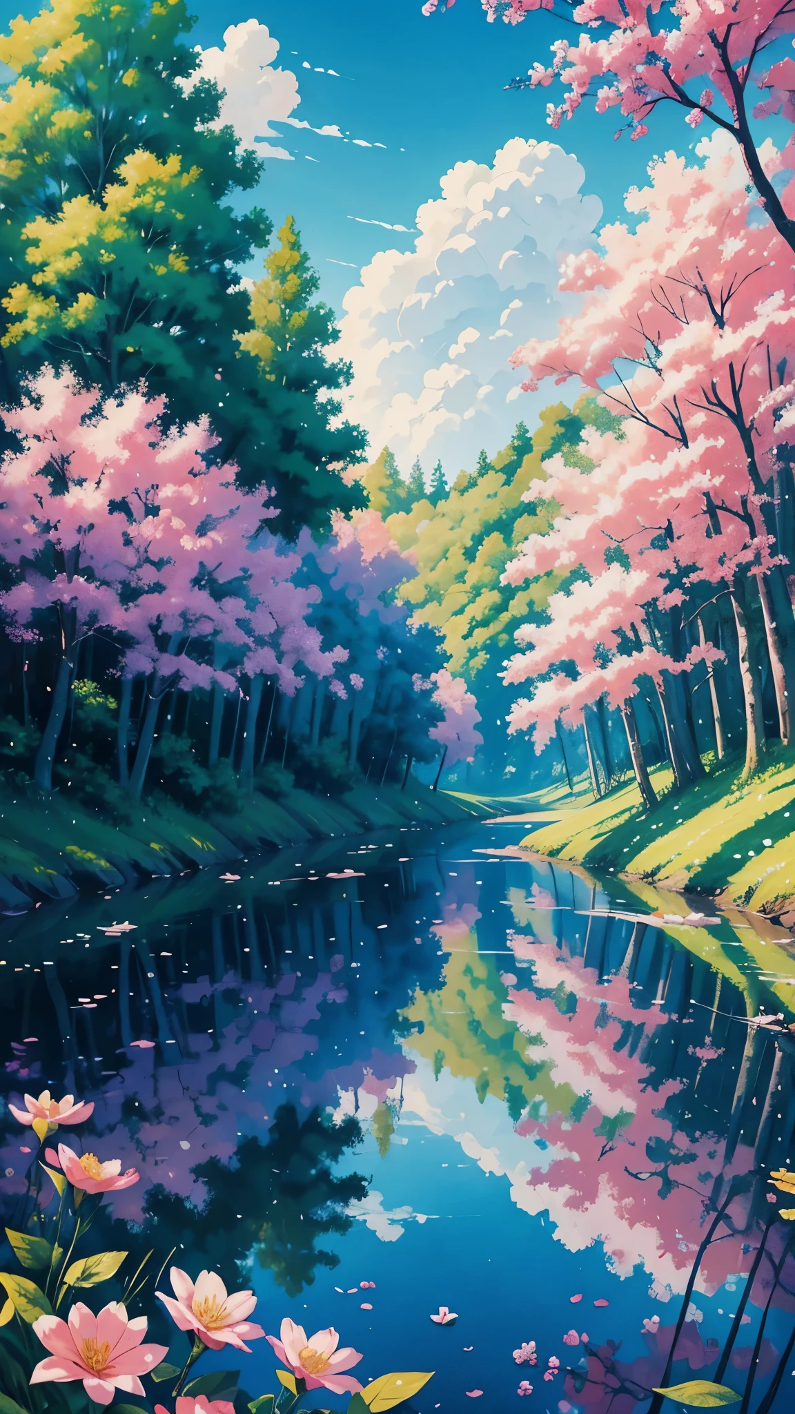 There is a painting of a colorful landscape with trees and flowers, vibrant gouache painting scenery, pintura de paisagem colorida, paisagem campestre anime, paisagem brilhante, scenic colorful environment, Jen Bartel, Paisagem do anime, arte de fundo do anime, anime bela cena de paz, scenery art detailed, Arte bonita UHD 4K, beautiful anime scenery, pintura digital colorida, paisagem de sonho, papel de parede de paisagem anime
