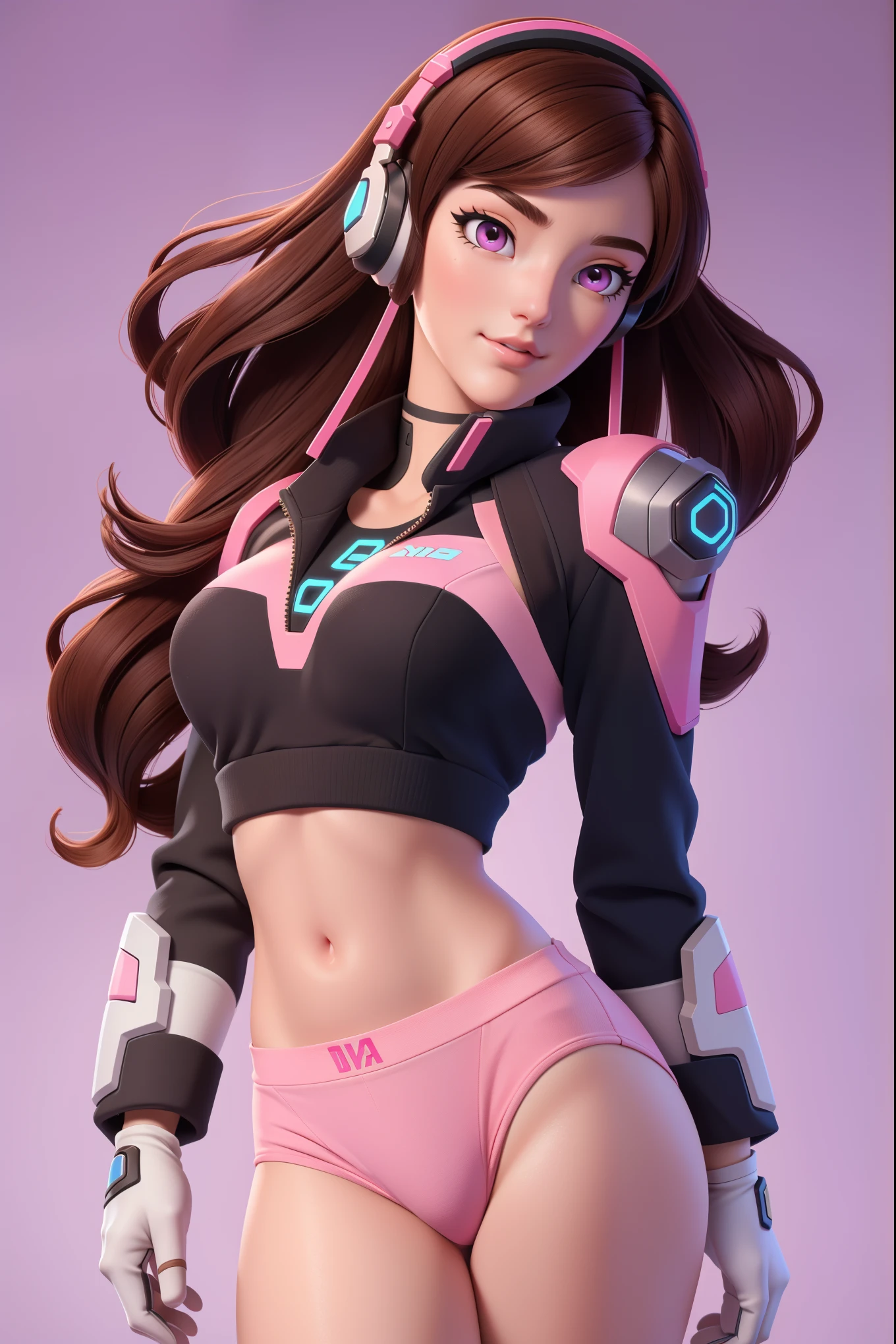 Masterpiece, Best Quality, High Resolution, 1Girl, Ultra High Resolution, Solo D.VA, Headphones, Pink eyes, Brown Hair, White Gloves, Face Decoration, Full Body Shot, Cute, Realistic, Cute Pose, Perfect Body, Cyber Punk background, Crop Top, cute panties