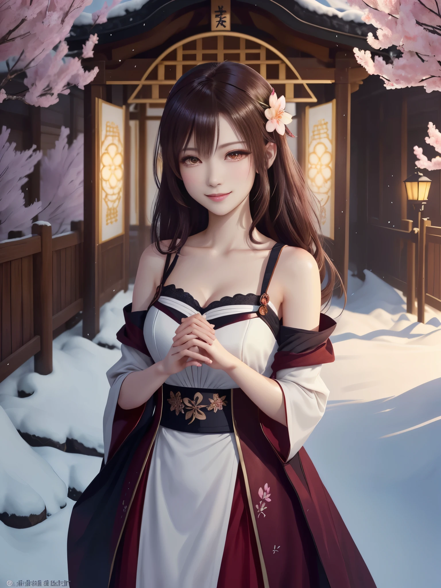 masterpiece , best quality,smile,smile,small face,the whole body is facing forward,shoulder exposure,cleavage exposure,bright brown hair,slender body shape,brown eyes,sharp contrast,short hair,美しいフォルムのshort hair,just one person,precision quality,Faithfully reproduced eyes, 一面に咲くcherry blossom background,snow scene,masterpiece, 幻想的なcherry blossom background,night,nightの背景,cherry blossom background,beautiful details, colorful, delicate details, delicate lips, intricate details, genuine, ultrargenuineista, 枝に座っている色とりどりの髪のFoxを持つ女の子:Mature, bright eyes, ,色とりどりのFox, raposa de nine tails, 三尾Fox, 三尾Fox, onmyoji detail art, beautiful fine art illustration, mythical creatures, Fox, beautiful digital art,shrine maiden,hold hands,exquisite digital illustration, mizutsune, Inspired by mythical wild web creatures, pixiv in digital art, shining light, high contrast, Mysterious,
