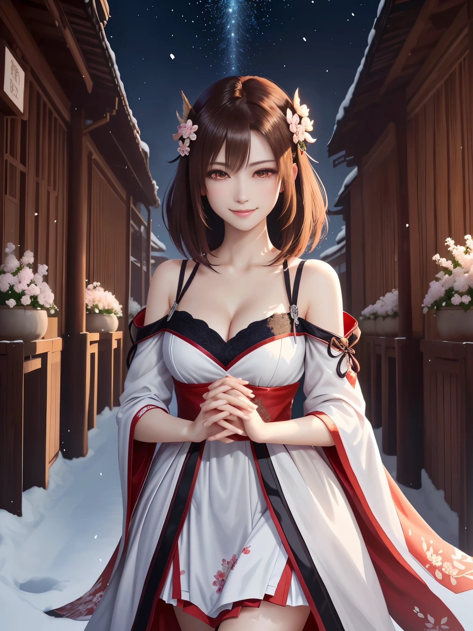 masterpiece , best quality,smile,smile,small face,the whole body is facing forward,shoulder exposure,cleavage exposure,bright brown hair,slender body shape,brown eyes,sharp contrast,short hair,美しいフォルムのshort hair,just one person,precision quality,Faithfully reproduced eyes, 一面に咲くcherry blossom background,snow scene,masterpiece, 幻想的なcherry blossom background,night,nightの背景,cherry blossom background,beautiful details, colorful, delicate details, delicate lips, intricate details, genuine, ultrargenuineista, 枝に座っている色とりどりの髪のFoxを持つ女の子:Mature, bright eyes, ,色とりどりのFox, raposa de nine tails, 三尾Fox, 三尾Fox, onmyoji detail art, beautiful fine art illustration, mythical creatures, Fox, beautiful digital art,shrine maiden,hold hands,exquisite digital illustration, mizutsune, Inspired by mythical wild web creatures, pixiv in digital art, shining light, high contrast, Mysterious,