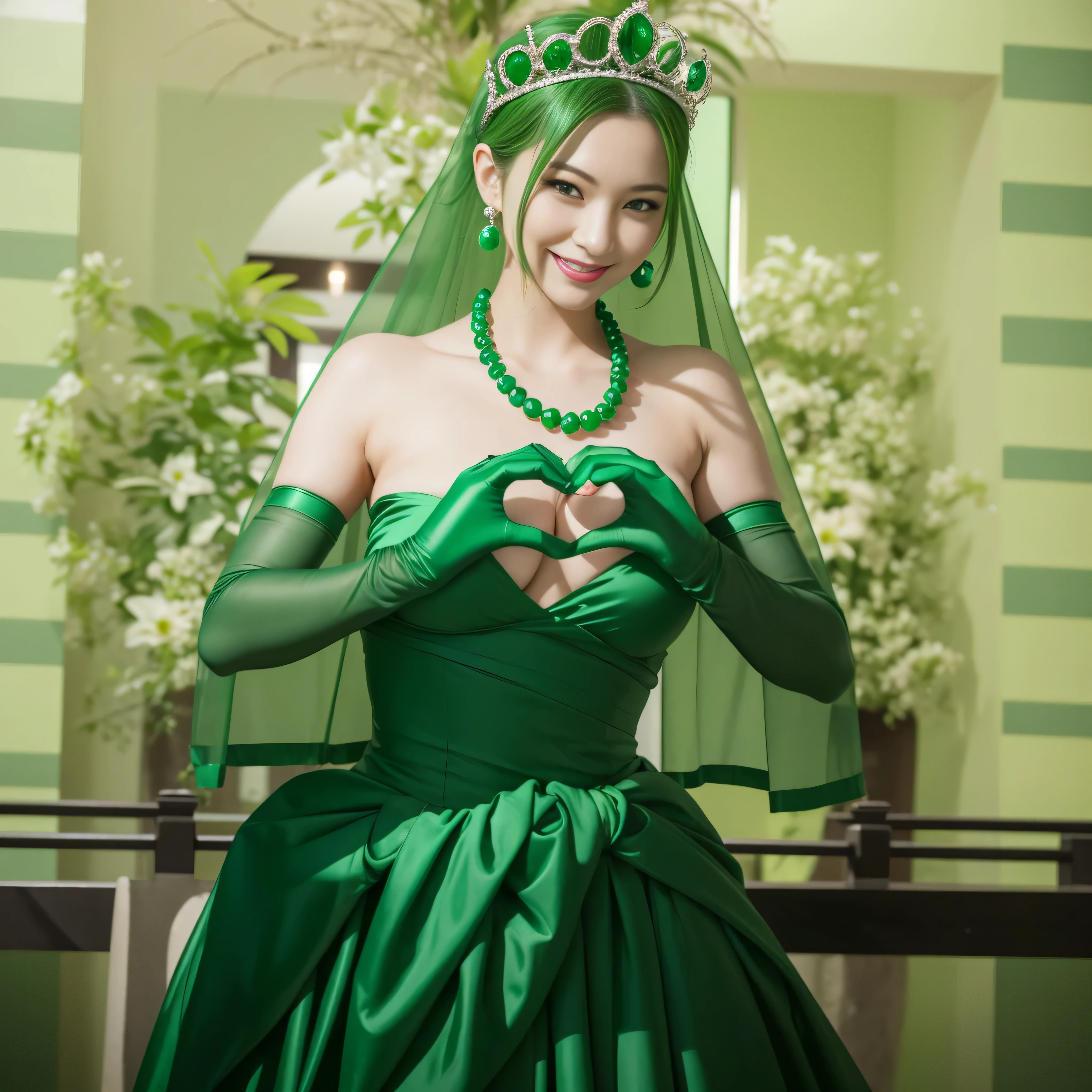 emerald tiara, Green Pearl Necklace, Boyish green berry short hair, lipstick, smiling Japanese woman, very short hair, big breasts beautiful, green eyes, green satin long gloves, green eyes, v sign, emerald earrings, Green veil, green lip gloss,
