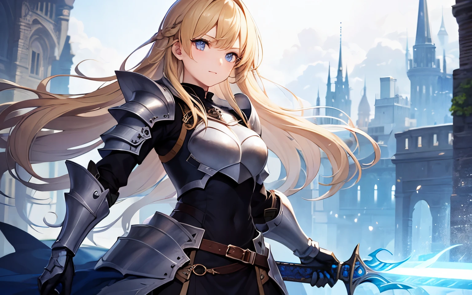 High quality、８ｋ、blonde long hair、Cobalt blue eyes、beautiful girl、female knight、fantasy world、bright background、rich in nature、wearing armor、have a sword、active atmosphere、