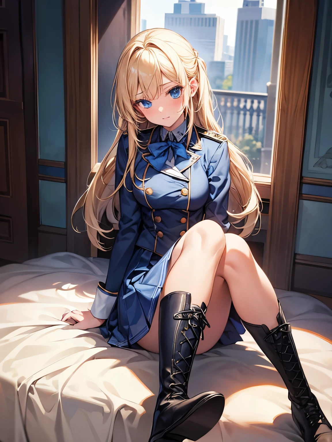 masterpiece, best quality, {best quality}, {{masterpiece}}, {high resolution}, girl,uniform,blonde,blue eyes,1girl,beauty,boots