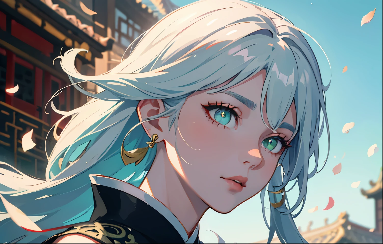 Mature girl , green pupils, blue-white hair color, floating hair, delicate and flexible eyes, intricate damask Hanfu, gorgeous accessories, wearing pearl earrings, fov, f/1.8, masterpiece, ancient Chinese style architecture, blue sky, flower petals flying, front portrait shot, Chang'e, side lighting, sunlight on people, 8K