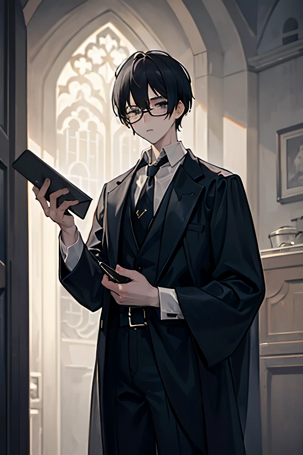 (masterpiece, best quality), yisang_limbus, 1boy, solo, gray necktie, black baggy robes, black glasses, white shirt, collared shirt, shadowed eyes, black pants, looking at viewer, castle corridor background, night, from below, holding knife