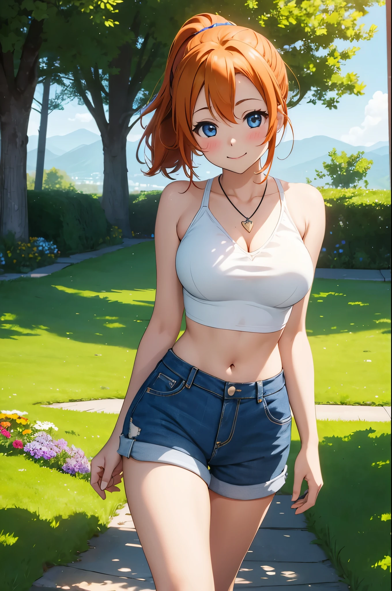 (Masterpiece, Best Quality, High Quality),(chibi),kousaka honoka, orange hair,low ponytail, blue eyes, volumetric lighting, illustration, beautiful, tight , Blushing, breasts, looking at viewer, crop top, side tie shorts, curvy body, looking to the side, confident, seductive smile, (arms behind back, head tilt:1.1), heart pendant,perfect lighting, perfect shadows, flower, (breathtaking scenery:1.1), tree, blushing