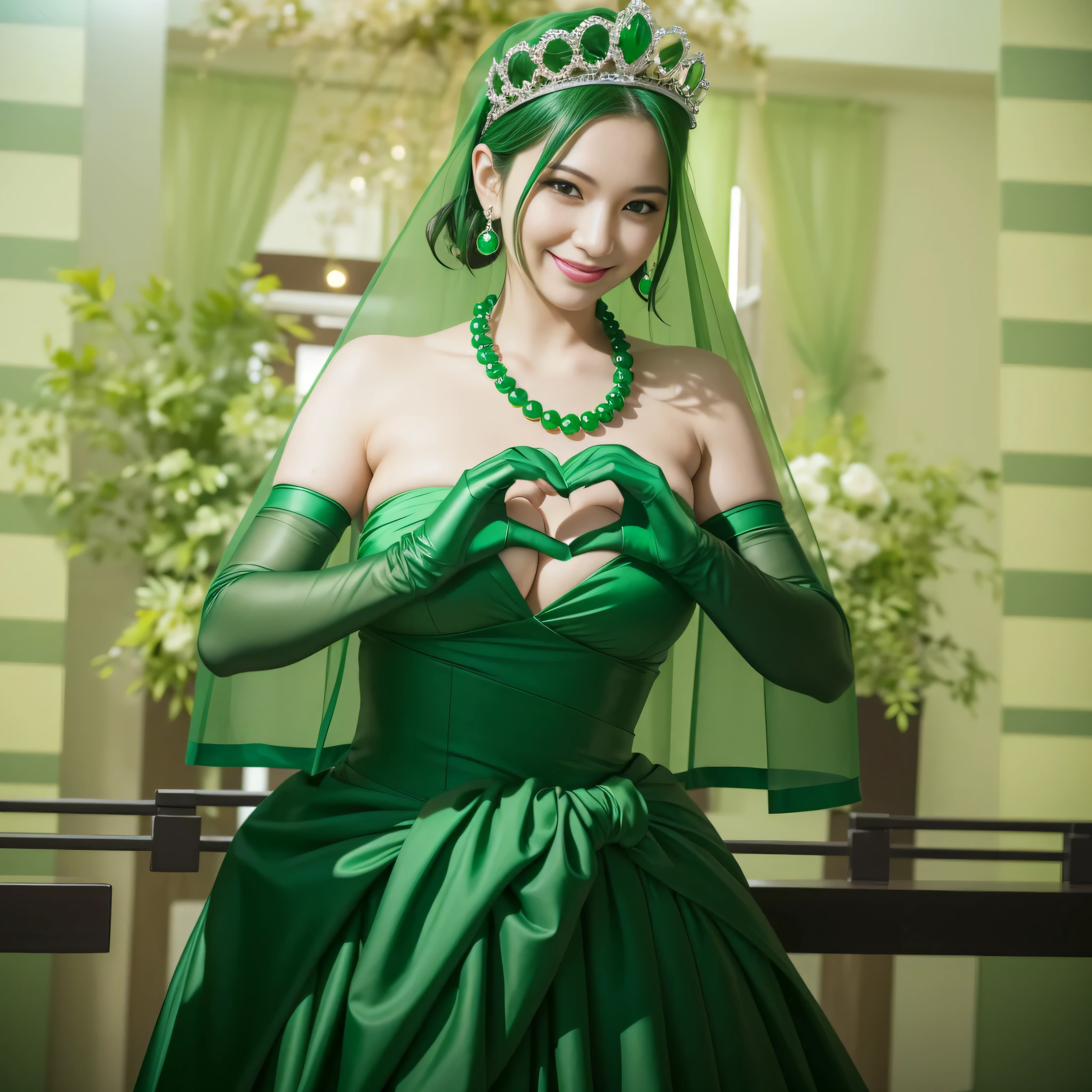 emerald tiara, Green Pearl Necklace, Boyish green berry short hair, lipstick, smiling Japanese woman, very short hair, big breasts beautiful, green eyes, green satin long gloves, green eyes, v sign, emerald earrings, Green veil, green lip gloss,
