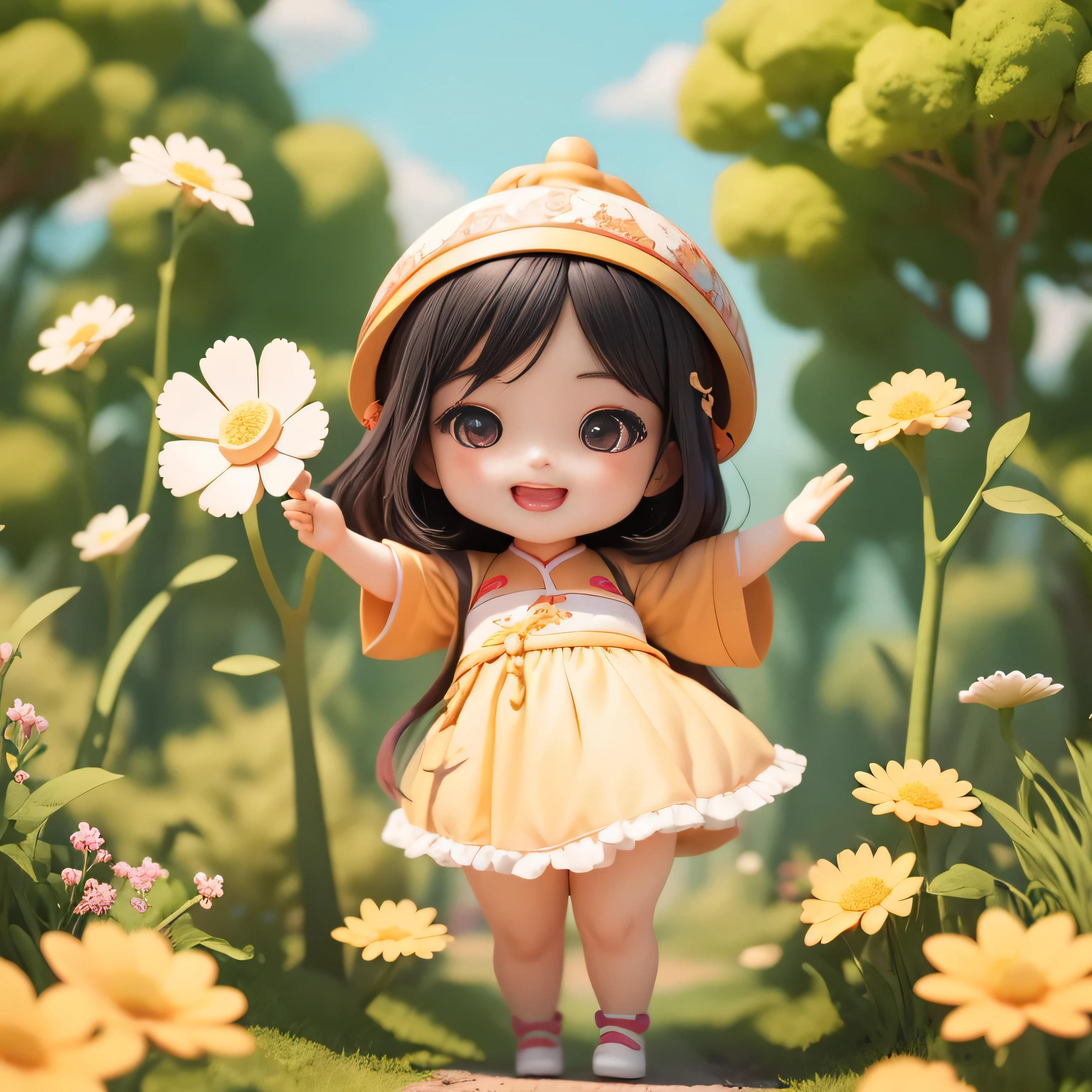 (masterpiece),(best quality),(super detailed), (whole body:1.2),
1 chubby chinese girl,Super cute, Smile, open mouth，Windmill in hand with trees and flowers 
(Beautiful and delicate face), (beautiful and delicate eyes),
 