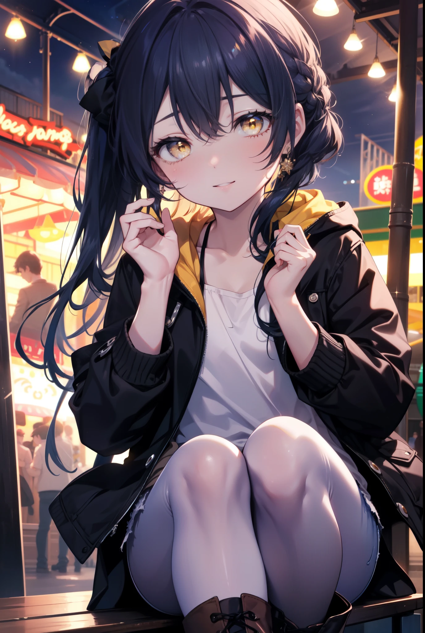 Kamisonoda, Umi Sonoda, long hair, blue hair, (yellow eyes:1.5) (flat chest:1.2),brown jacket、white shirt、black denim shorts、short boots,((brown pantyhose))、naughty pose、big smile、amusement park、観覧車
break looking at viewer,
break outdoors,  amusement park,
break (masterpiece:1.2), highest quality, High resolution, unity 8k wallpaper, (figure:0.8), (detailed and beautiful eyes:1.6), highly detailed face, perfect lighting, Very detailed CG, (perfect hands, perfect anatomy),