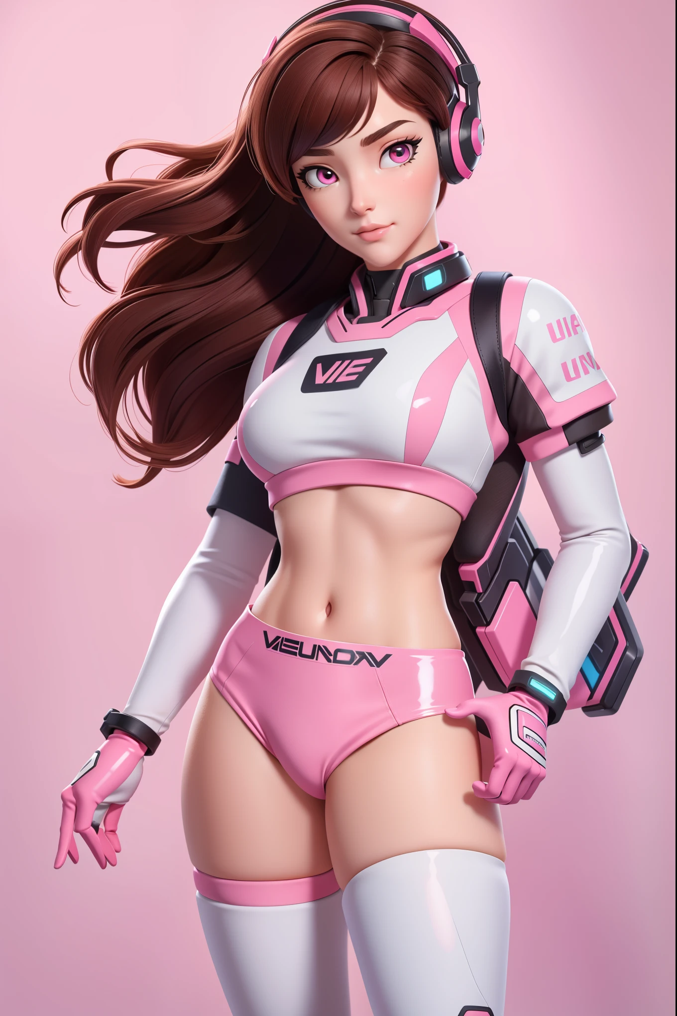 Masterpiece, Best Quality, High Resolution, 1Girl, Ultra High Resolution, Solo D.VA, Headphones, Pink eyes, Brown Hair, White Gloves, Face Decoration, Full Body Shot, Cute, Realistic, Cute Pose, Perfect Body, Cyber Punk background, Crop Top, cute latex panties with glowing design