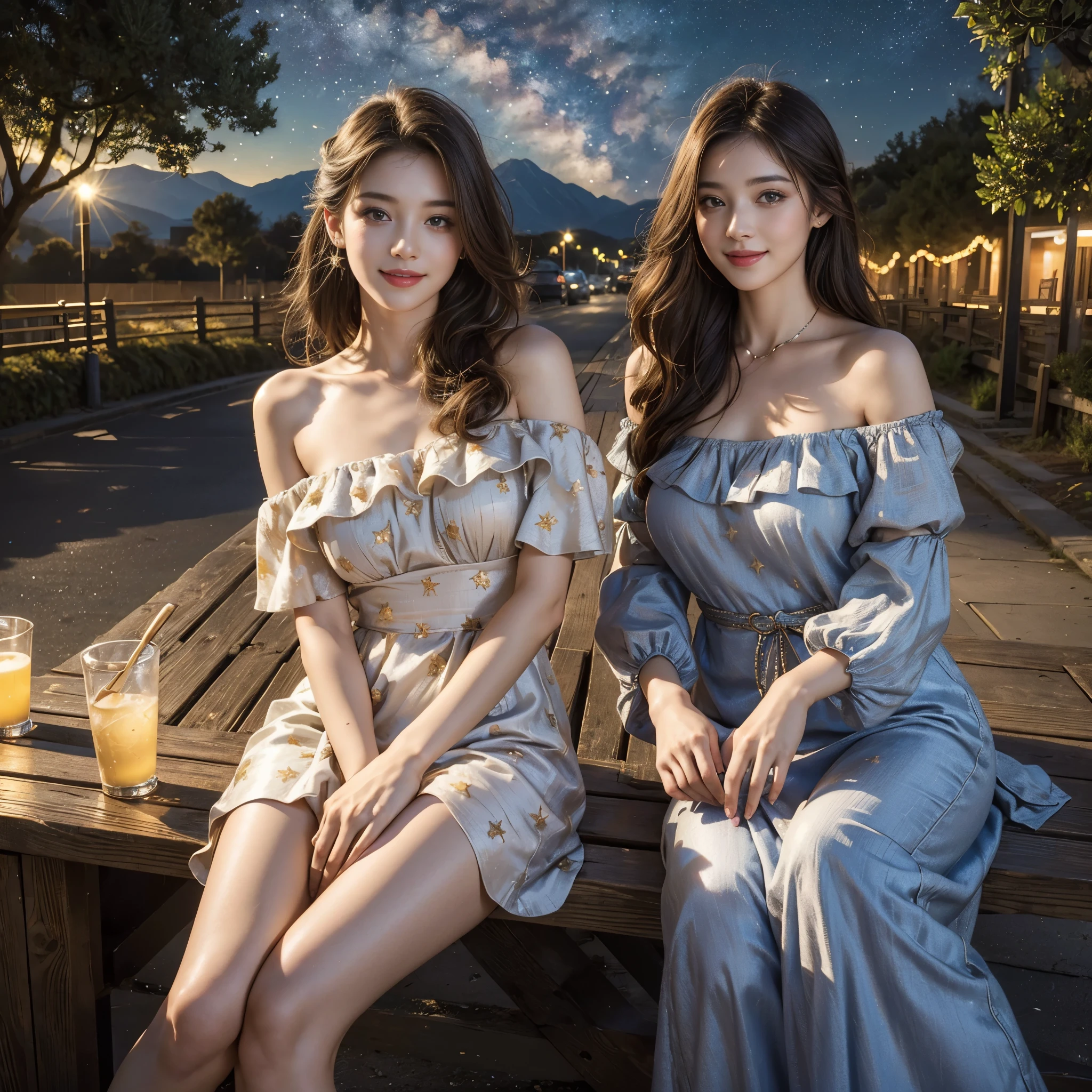 Best quality, masterpiece, ultra high res, (photorealistic:1.4), raw photo, 1girl, 30 yo woman, off shoulder dress, smile, glamorous clothing, country lane, vivid starry sky