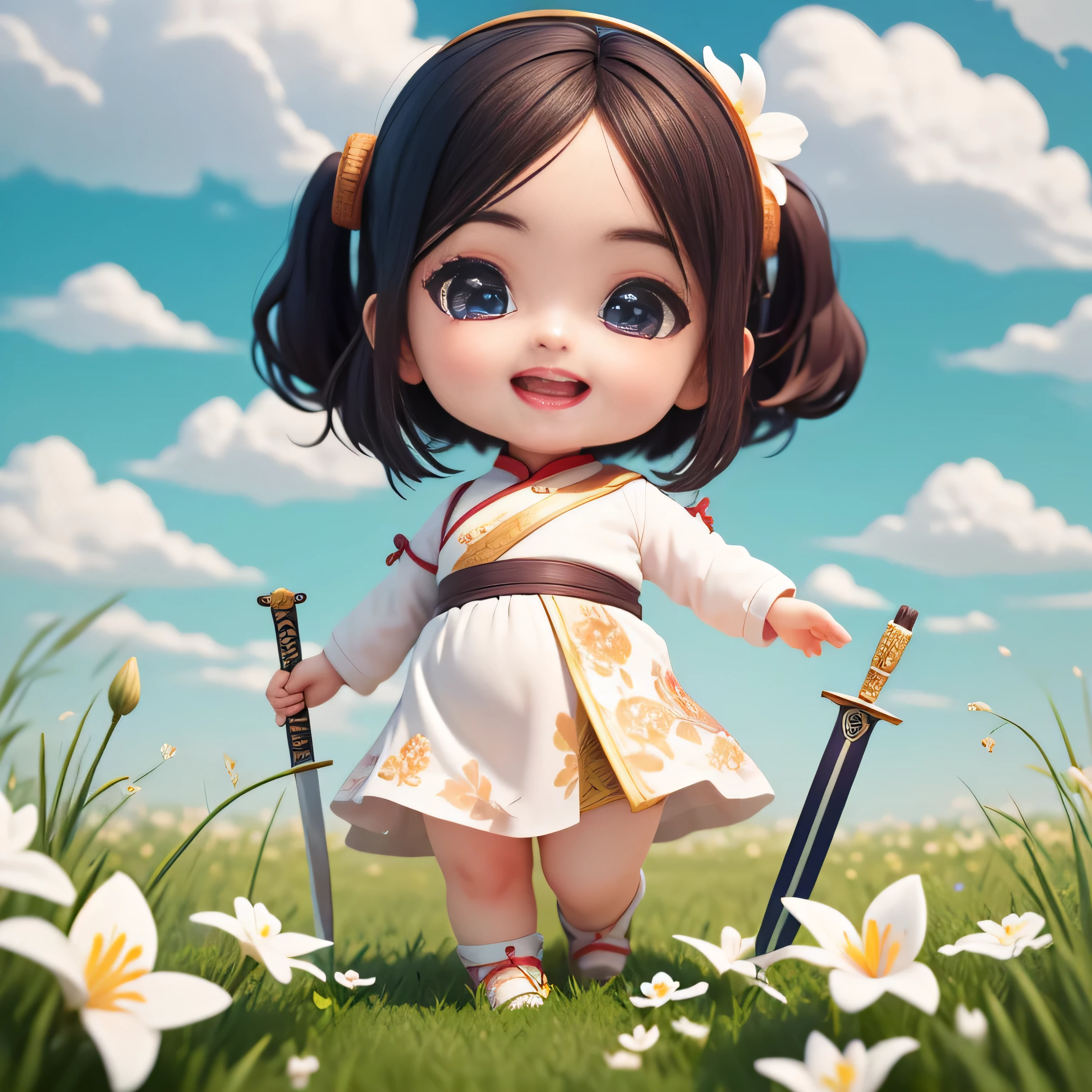 (masterpiece),(best quality),(super detailed), (whole body:1.2),
1 chubby chinese girl,Super cute, Smile, open mouth,Lily flowers and grass in the field, Swordsman holding sword in hand, Stepping on the clouds under your feet
(Beautiful and delicate face), (beautiful and delicate eyes),