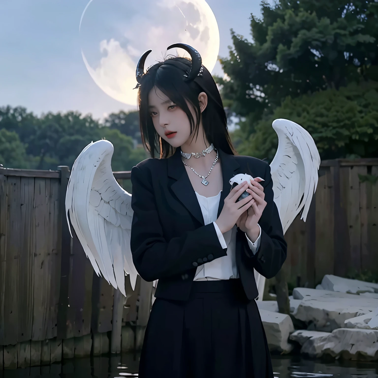 Bondage, tied up,satanic necklace,choker, black suit, suit with tie, black veil, satanic earing,standing in the lake with moon in the sky, angel, wings, White wings, holy girl, horns, lucifer, bdsm, holding a goat head, hold a goat head, holding a goat's head