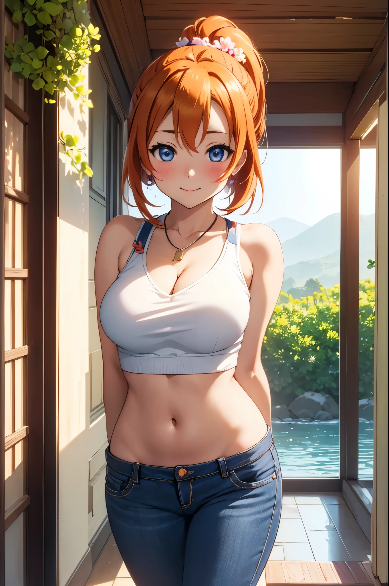 (Masterpiece, Best Quality, High Quality),(chibi),kousaka honoka, orange hair,low ponytail, blue eyes, volumetric lighting, illustration, beautiful, tight , Blushing, breasts, looking at viewer, micro bike, unbuttoned shorts that expose her bikini, curvy body, looking to the side, confident, seductive smile, (arms behind back, head tilt:1.1), heart pendant,perfect lighting, perfect shadows, flower, (breathtaking scenery:1.1), tree, blushing