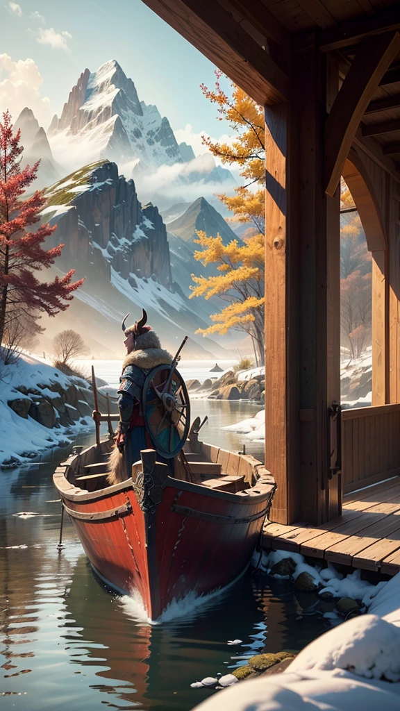 An Assassin's Creed Valhalla landscape. (best quality,4k,8k,highres,masterpiece:1.2), ultra-detailed, (realistic,photorealistic,photo-realistic:1.37), HDR, UHD, studio lighting, extreme detail description. The scene is set in a picturesque landscape with rolling hills and lush green meadows. The sky above is filled with fluffy white clouds contrasting against a vibrant blue backdrop. Sun rays break through the clouds, casting a warm golden light over the landscape. In the foreground, a Viking longship sails peacefully along a crystal-clear river that cuts through the valley. The ship is meticulously crafted with intricate wooden carvings, displaying the prowess of the Viking people. The reflection of the ship on the calm water is so realistic that you can almost feel the gentle ripples. On the riverbank, a group of Vikings is seen disembarking from the longship. They are dressed in traditional Viking attire, adorned with fur-lined cloaks and metal armor, wielding swords and shields. Their facial features are finely detailed, with piercing blue eyes and fierce expressions that reflect their warrior spirit. In the distance, towering mountains covered in snow create a majestic backdrop. The peaks are meticulously textured, showcasing the grandeur of the natural landscape. The mountains are shrouded in mist, giving the scene an ethereal and mysterious atmosphere. The trees dotting the landscape are a mix of evergreens and colorful autumn foliage, adding depth and variety to the scene. The leaves rustle gently in the breeze, creating a sense of tranquility and serenity. The colors of the landscape are rich and vibrant. The greens of the meadows are vibrant and lush, contrasting with the deep blues of the river and the sky. The golden sunlight casts warm hues on everything it touches, creating a harmonious and inviting atmosphere. The overall lighting of the scene is expertly crafted, with subtle shadows and highlights that bring depth and realism to the image. The soft,