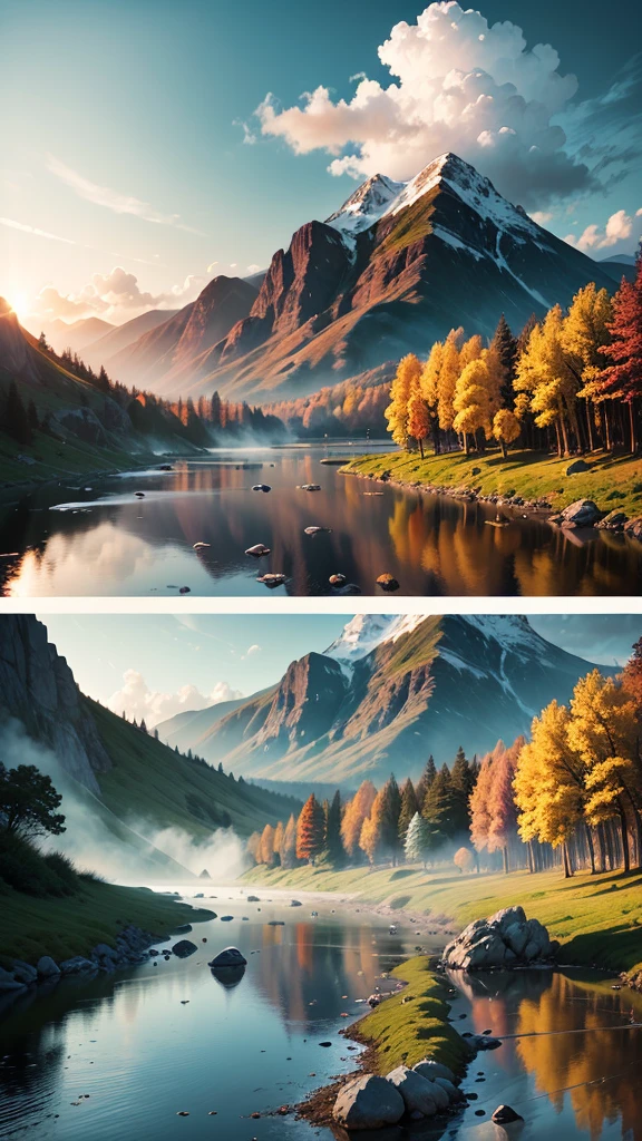 An Assassin's Creed Valhalla landscape. (best quality,4k,8k,highres,masterpiece:1.2), ultra-detailed, (realistic,photorealistic,photo-realistic:1.37), HDR, UHD, studio lighting, extreme detail description. The scene is set in a picturesque landscape with rolling hills and lush green meadows. The sky above is filled with fluffy white clouds contrasting against a vibrant blue backdrop. Sun rays break through the clouds, casting a warm golden light over the landscape. In the foreground, a Viking longship sails peacefully along a crystal-clear river that cuts through the valley. The ship is meticulously crafted with intricate wooden carvings, displaying the prowess of the Viking people. The reflection of the ship on the calm water is so realistic that you can almost feel the gentle ripples. On the riverbank, a group of Vikings is seen disembarking from the longship. They are dressed in traditional Viking attire, adorned with fur-lined cloaks and metal armor, wielding swords and shields. Their facial features are finely detailed, with piercing blue eyes and fierce expressions that reflect their warrior spirit. In the distance, towering mountains covered in snow create a majestic backdrop. The peaks are meticulously textured, showcasing the grandeur of the natural landscape. The mountains are shrouded in mist, giving the scene an ethereal and mysterious atmosphere. The trees dotting the landscape are a mix of evergreens and colorful autumn foliage, adding depth and variety to the scene. The leaves rustle gently in the breeze, creating a sense of tranquility and serenity. The colors of the landscape are rich and vibrant. The greens of the meadows are vibrant and lush, contrasting with the deep blues of the river and the sky. The golden sunlight casts warm hues on everything it touches, creating a harmonious and inviting atmosphere. The overall lighting of the scene is expertly crafted, with subtle shadows and highlights that bring depth and realism to the image. The soft,