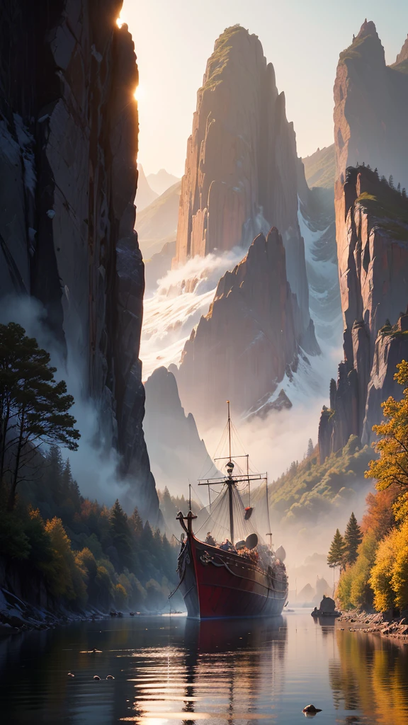 An Assassin's Creed Valhalla landscape. (best quality,4k,8k,highres,masterpiece:1.2), ultra-detailed, (realistic,photorealistic,photo-realistic:1.37), HDR, UHD, studio lighting, extreme detail description. The scene is set in a picturesque landscape with rolling hills and lush green meadows. The sky above is filled with fluffy white clouds contrasting against a vibrant blue backdrop. Sun rays break through the clouds, casting a warm golden light over the landscape. In the foreground, a Viking longship sails peacefully along a crystal-clear river that cuts through the valley. The ship is meticulously crafted with intricate wooden carvings, displaying the prowess of the Viking people. The reflection of the ship on the calm water is so realistic that you can almost feel the gentle ripples. On the riverbank, a group of Vikings is seen disembarking from the longship. They are dressed in traditional Viking attire, adorned with fur-lined cloaks and metal armor, wielding swords and shields. Their facial features are finely detailed, with piercing blue eyes and fierce expressions that reflect their warrior spirit. In the distance, towering mountains covered in snow create a majestic backdrop. The peaks are meticulously textured, showcasing the grandeur of the natural landscape. The mountains are shrouded in mist, giving the scene an ethereal and mysterious atmosphere. The trees dotting the landscape are a mix of evergreens and colorful autumn foliage, adding depth and variety to the scene. The leaves rustle gently in the breeze, creating a sense of tranquility and serenity. The colors of the landscape are rich and vibrant. The greens of the meadows are vibrant and lush, contrasting with the deep blues of the river and the sky. The golden sunlight casts warm hues on everything it touches, creating a harmonious and inviting atmosphere. The overall lighting of the scene is expertly crafted, with subtle shadows and highlights that bring depth and realism to the image. The soft, 