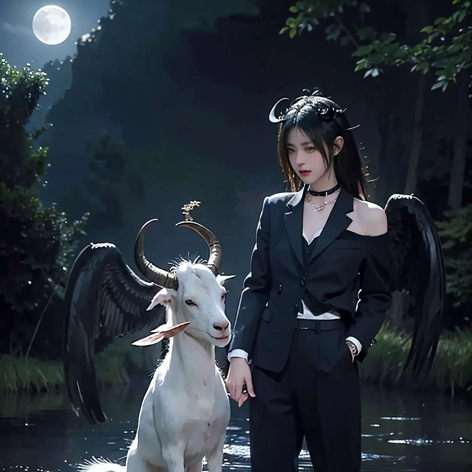 Bondage, tied up,satanic necklace,choker, black suit, suit with tie, black veil, satanic earing,standing in the lake with moon in the sky, angel, wings, White wings, holy girl, horns, lucifer, bdsm, holding a goat head, hold a goat head, holding a goat's head, holding a goat