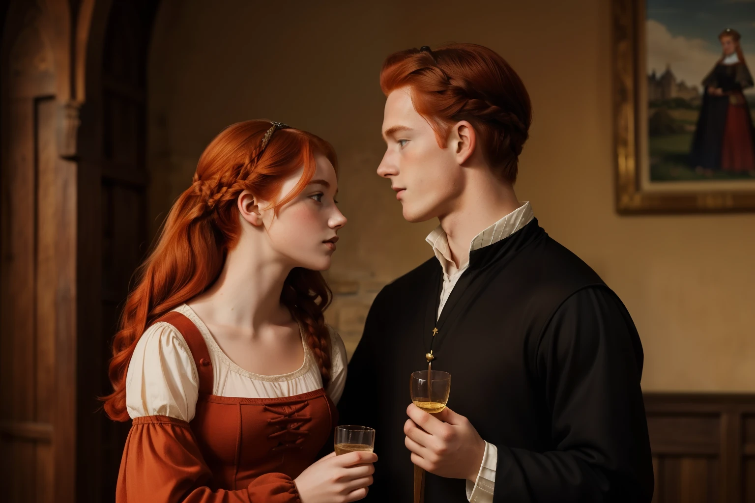 England, 1339. A young ((((23-year-old)) Merthin Fitzgerald)), handsome, athletic, kissing ((Caris Wooler)), in the tabern. ((((clothings from the 1300s)))), ((redhead hairstyle of the 1300s))