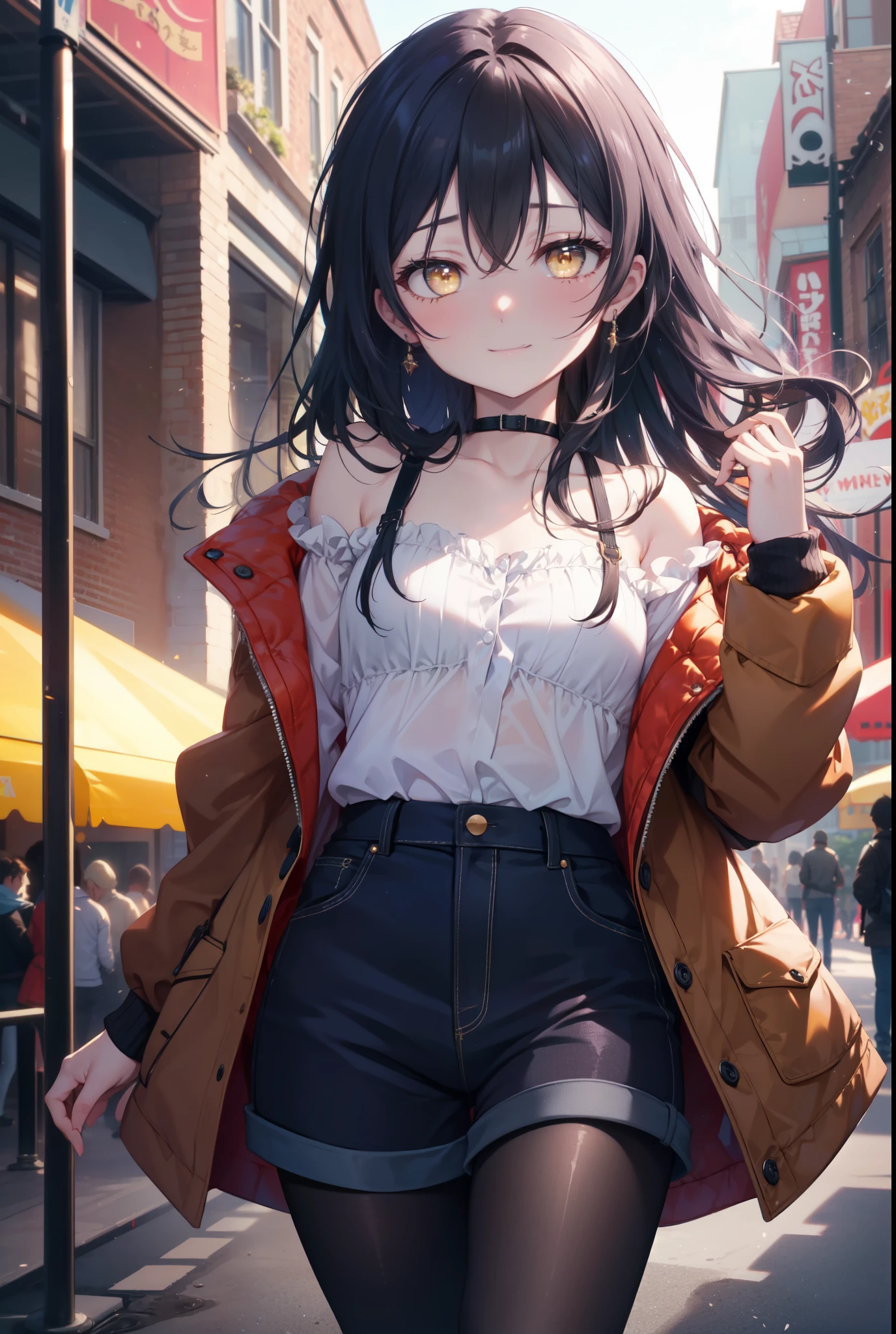 Kamisonoda, Umi Sonoda, long hair, blue hair, (yellow eyes:1.5) (flat chest:1.2),smile,blush,side lock, hair band, brown jacket、white shirt、black denim shorts、short boots,((black pantyhose))、naughty pose、大きなsmile、amusement park、観覧車
break looking at viewer,
break outdoors,  amusement park,
break (masterpiece:1.2), highest quality, High resolution, unity 8k wallpaper, (shape:0.8), (fine and beautiful eyes:1.6), highly detailed face, perfect lighting, Very detailed CG, (perfect hands, perfect anatomy),