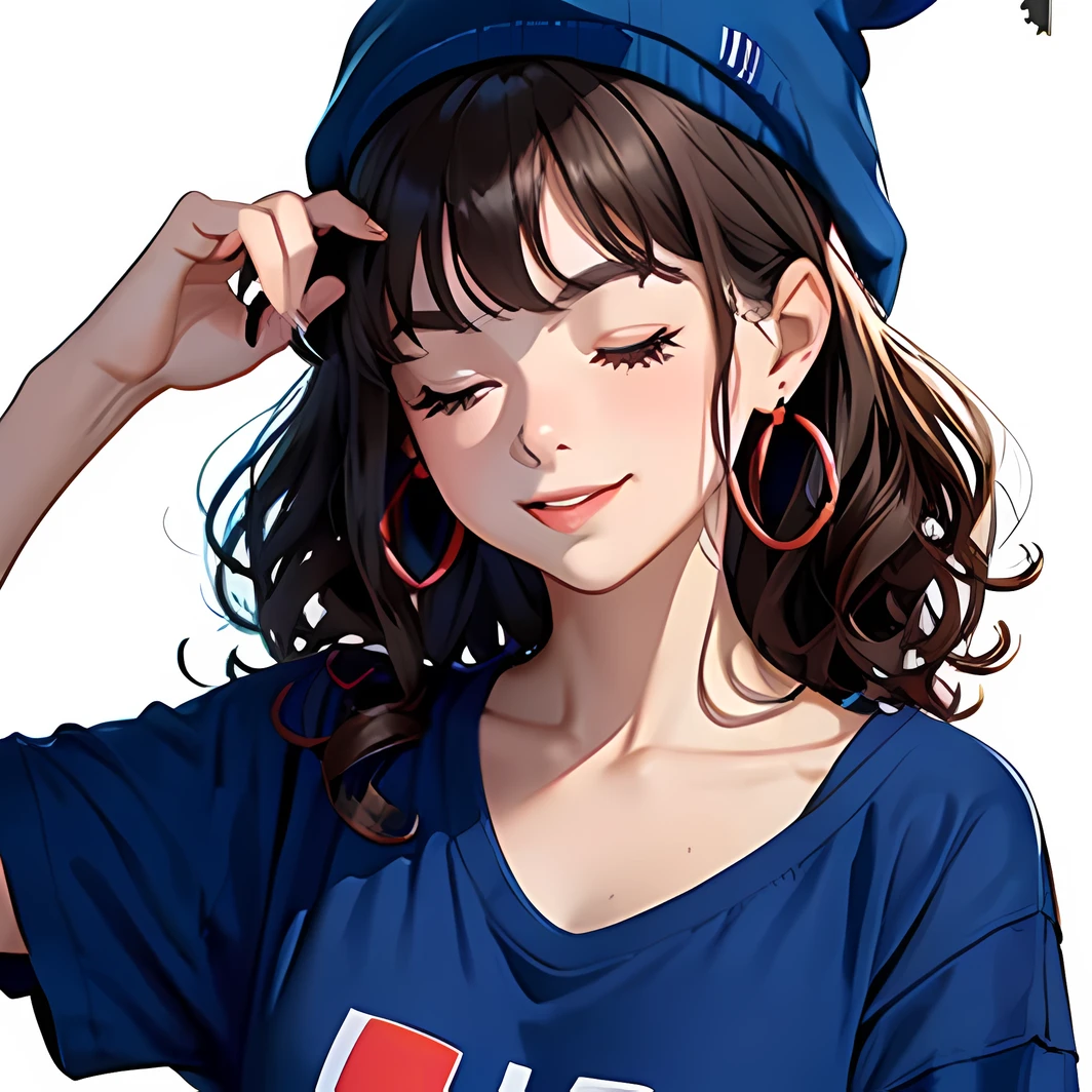 morena, com cabelos cacheados, with a blue hat with red letters, with hand on face, com os olhos fechados, sorridente, com uma camiseta azul, with a blue ribbon around his neck, usando brincos longos