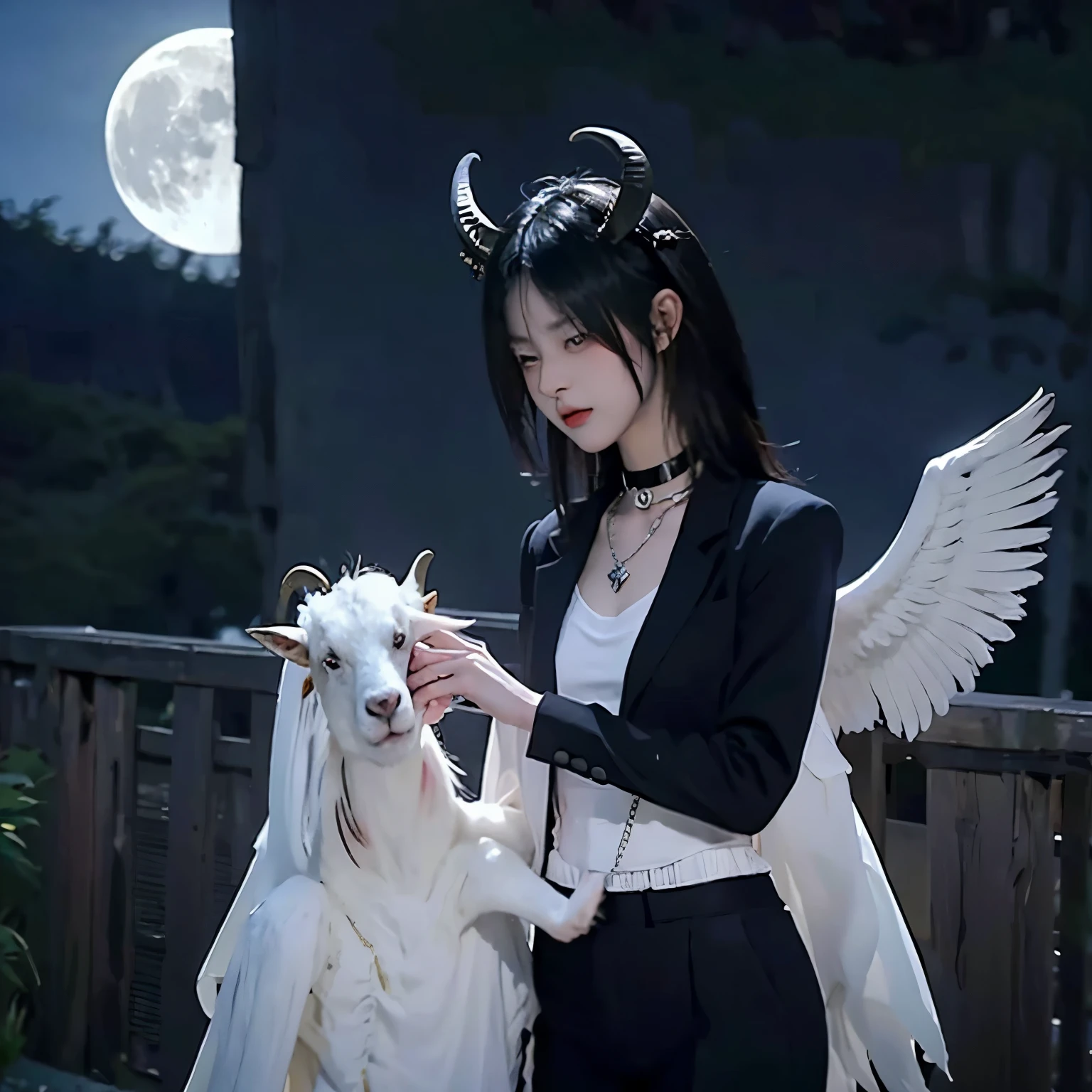 Bondage, tied up,satanic necklace,choker, black suit, suit with tie, black veil, satanic earing,standing in the lake with moon in the sky, angel, wings, White wings, holy girl, horns, lucifer, bdsm, holding a goat head, hold a goat head, holding a goat's head