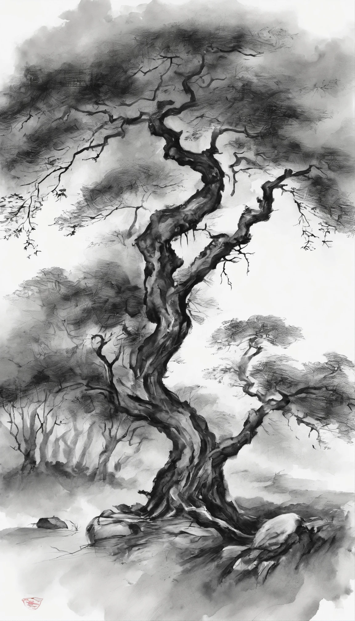 Dead vines,old trees,The crow rests on the tree,small bridges,flowingwater,Thatched house,An old path,The wind blows from the west,A skinny horse,The sun sets,Broken intestines are at the end of the world,Black and white ink painting,Black and white gray,(Chinese landscape painting),(ink and watercolor painting),(8k wallpaper),Extremely detailed picture depiction,wide angles,depth of fields,tmasterpiece,realisticlying,Beautifully depicted,A detailed,acurate,Works of masters,tmasterpiece