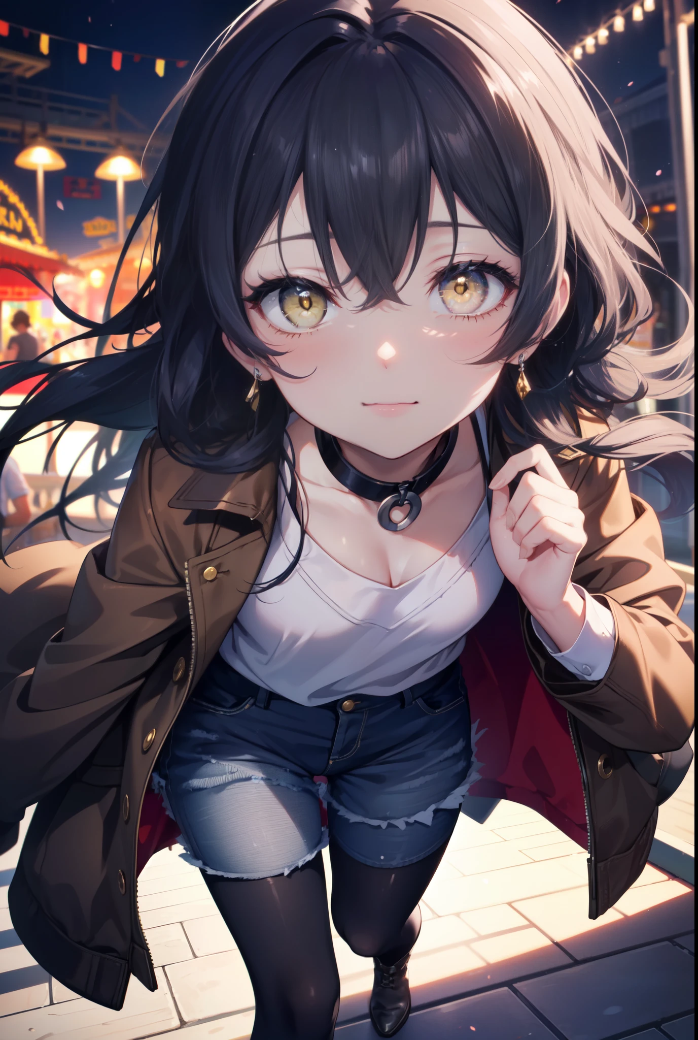 Kamisonoda, Umi Sonoda, long hair, blue hair, (yellow eyes:1.5) (flat chest:1.2),side lock, hair band, brown jacket、white shirt、black denim shorts、short boots,((black pantyhose))、naughty pose、big smile、amusement park、観覧車
break looking at viewer,
break outdoors, amusement park,
break (masterpiece:1.2), highest quality, High resolution, unity 8k wallpaper, (shape:0.8), (fine and beautiful eyes:1.6), highly detailed face, perfect lighting, Very detailed CG, (perfect hands, perfect anatomy),
