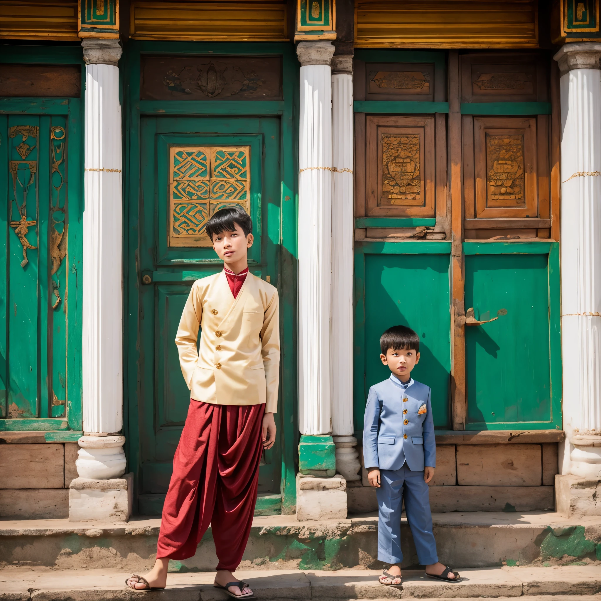 a boy wearing myanmar longyi in front of bank building 