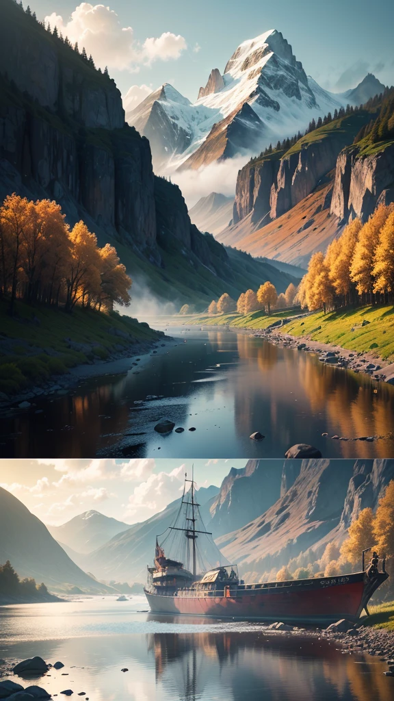 An Assassin's Creed Valhalla landscape. (best quality,4k,8k,highres,masterpiece:1.2), ultra-detailed, (realistic,photorealistic,photo-realistic:1.37), HDR, UHD, studio lighting, extreme detail description. The scene is set in a picturesque landscape with rolling hills and lush green meadows. The sky above is filled with fluffy white clouds contrasting against a vibrant blue backdrop. Sun rays break through the clouds, casting a warm golden light over the landscape. In the foreground, a Viking longship sails peacefully along a crystal-clear river that cuts through the valley. The ship is meticulously crafted with intricate wooden carvings, displaying the prowess of the Viking people. The reflection of the ship on the calm water is so realistic that you can almost feel the gentle ripples. On the riverbank, a group of Vikings is seen disembarking from the longship. They are dressed in traditional Viking attire, adorned with fur-lined cloaks and metal armor, wielding swords and shields. Their facial features are finely detailed, with piercing blue eyes and fierce expressions that reflect their warrior spirit. In the distance, towering mountains covered in snow create a majestic backdrop. The peaks are meticulously textured, showcasing the grandeur of the natural landscape. The mountains are shrouded in mist, giving the scene an ethereal and mysterious atmosphere. The trees dotting the landscape are a mix of evergreens and colorful autumn foliage, adding depth and variety to the scene. The leaves rustle gently in the breeze, creating a sense of tranquility and serenity. The colors of the landscape are rich and vibrant. The greens of the meadows are vibrant and lush, contrasting with the deep blues of the river and the sky. The golden sunlight casts warm hues on everything it touches, creating a harmonious and inviting atmosphere. The overall lighting of the scene is expertly crafted, with subtle shadows and highlights that bring depth and realism to the image. The soft,