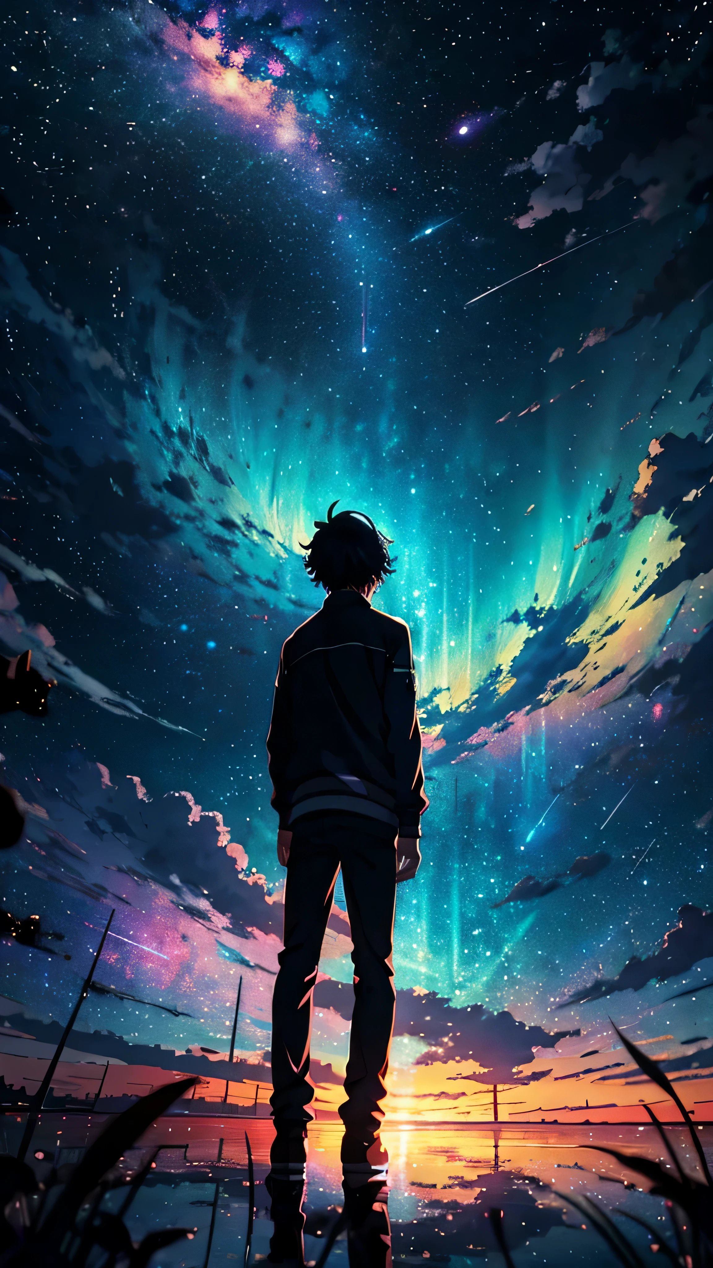 anime - style scene of a beautiful sky with a star, cosmic skies. by makoto shinkai, Portrait of young black boy facing away from camera in anime style anime art wallpaper 4k, anime art wallpaper 4 k, anime art wallpaper 8 k, anime wallpaper 4k, anime wallpaper 4 k, 4k anime wallpaper, anime sky, amazing wallpaper, anime background, heaven planet in background, anime background art, beautiful cinematic background, 8k, best quality, best detailed, Intricate detail, hyper detailed, masterpiece, blue.