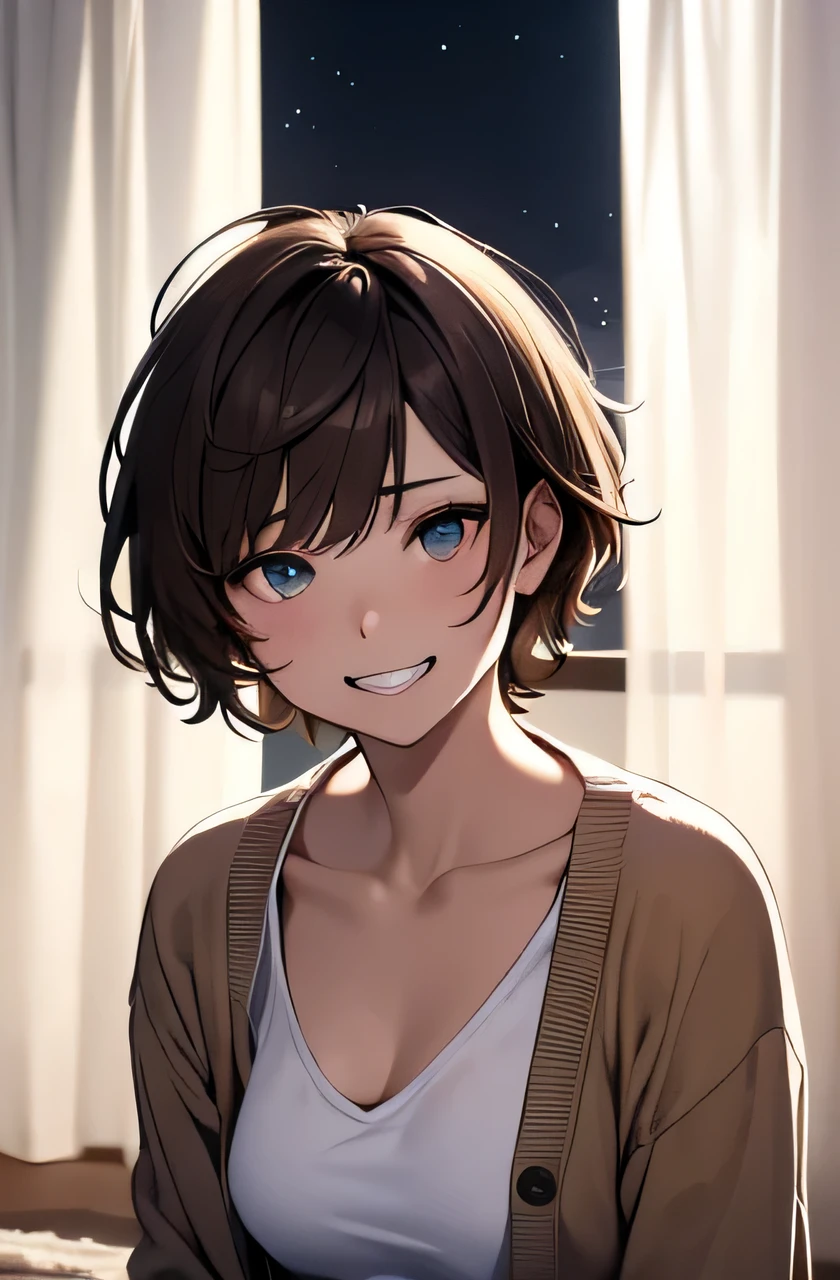 masterpiece, High resolution, 高精細CG Unity 8K,realistic,RAW photo, beautiful and detailed face,detailed hair texture, beautiful face, Accurate, anatomically correct, symmetrical eyes,thin,small breasts:1.2,light brown hair, (very short hair),(messy hair:1.1),Side undercuts, (White solid V-neck T-shirt),(cardigan),(At night),Guest room,(curtains are closed),(Sit on the floor),(blush your nose:0.2),(grumpy:1.1),(grin and laugh),Upper body,From before,