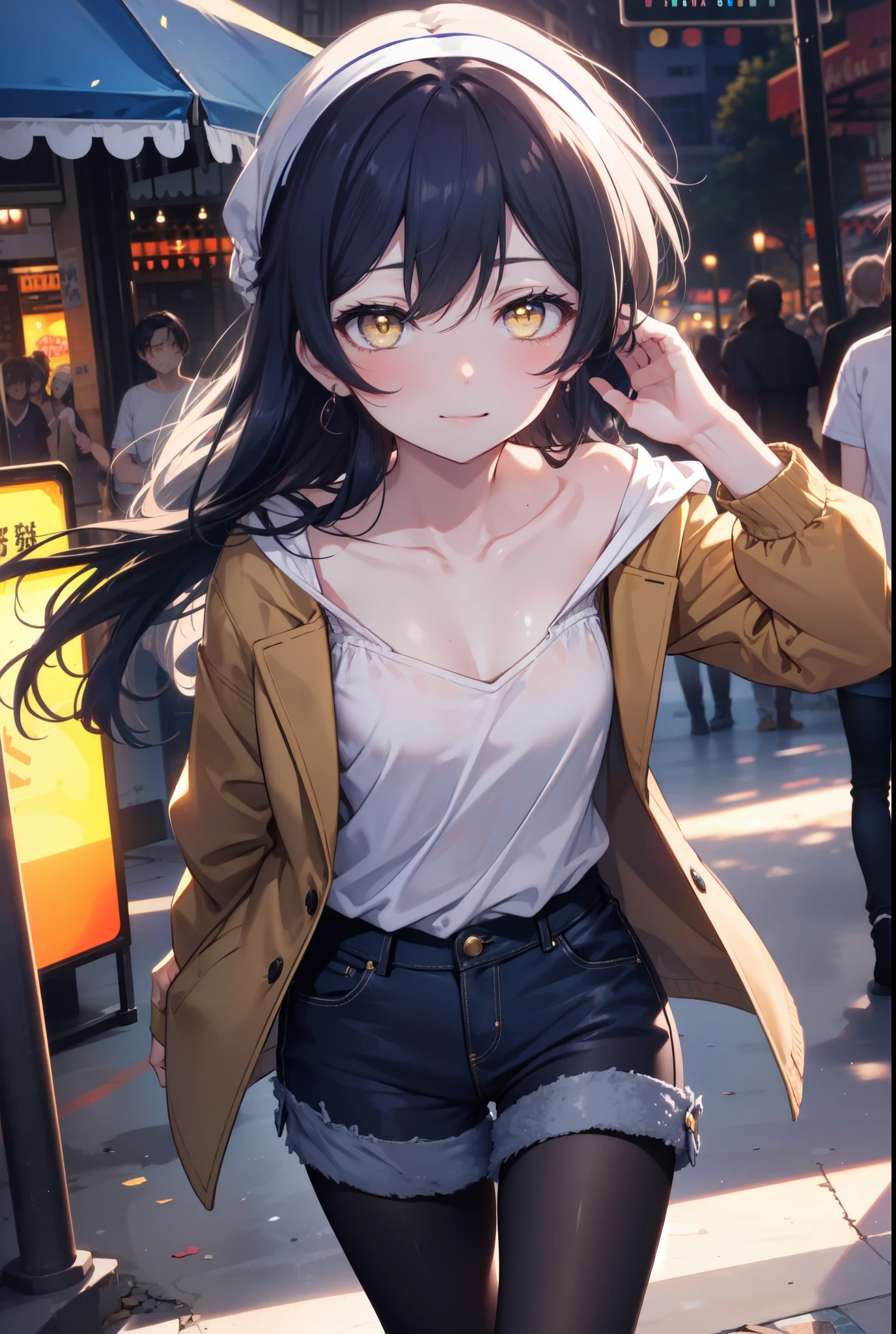 Kamisonoda, Umi Sonoda, long hair, blue hair, (yellow eyes:1.5) (flat chest:1.2),smile,blush,side lock, hair band, brown jacket、white shirt、black denim shorts、short boots,((black pantyhose))、naughty pose、大きなsmile、amusement park、観覧車
break looking at viewer,
break outdoors,  amusement park,
break (masterpiece:1.2), highest quality, High resolution, unity 8k wallpaper, (shape:0.8), (fine and beautiful eyes:1.6), highly detailed face, perfect lighting, Very detailed CG, (perfect hands, perfect ???????),