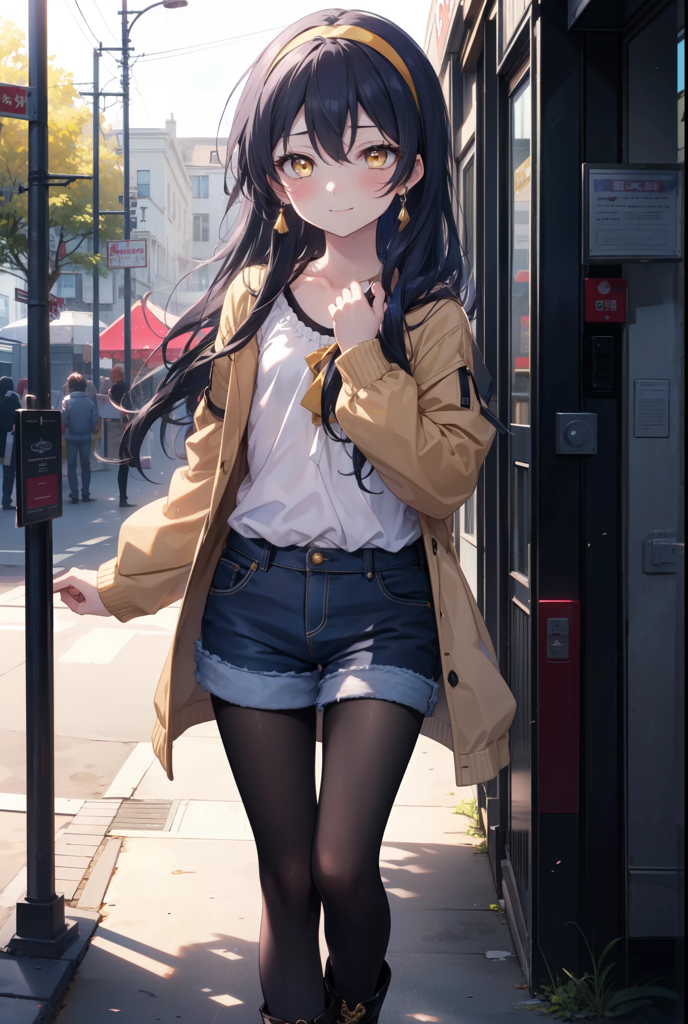 Kamisonoda, Umi Sonoda, long hair, blue hair, (yellow eyes:1.5) (flat chest:1.2),smile,blush,side lock, hair band, brown jacket、white shirt、black denim shorts、short boots,((black pantyhose))、naughty pose、大きなsmile、amusement park、観覧車
break looking at viewer,
break outdoors, amusement park,
break (masterpiece:1.2), highest quality, High resolution, unity 8k wallpaper, (shape:0.8), (fine and beautiful eyes:1.6), highly detailed face, perfect lighting, Very detailed CG, (perfect hands, perfect anatomy),