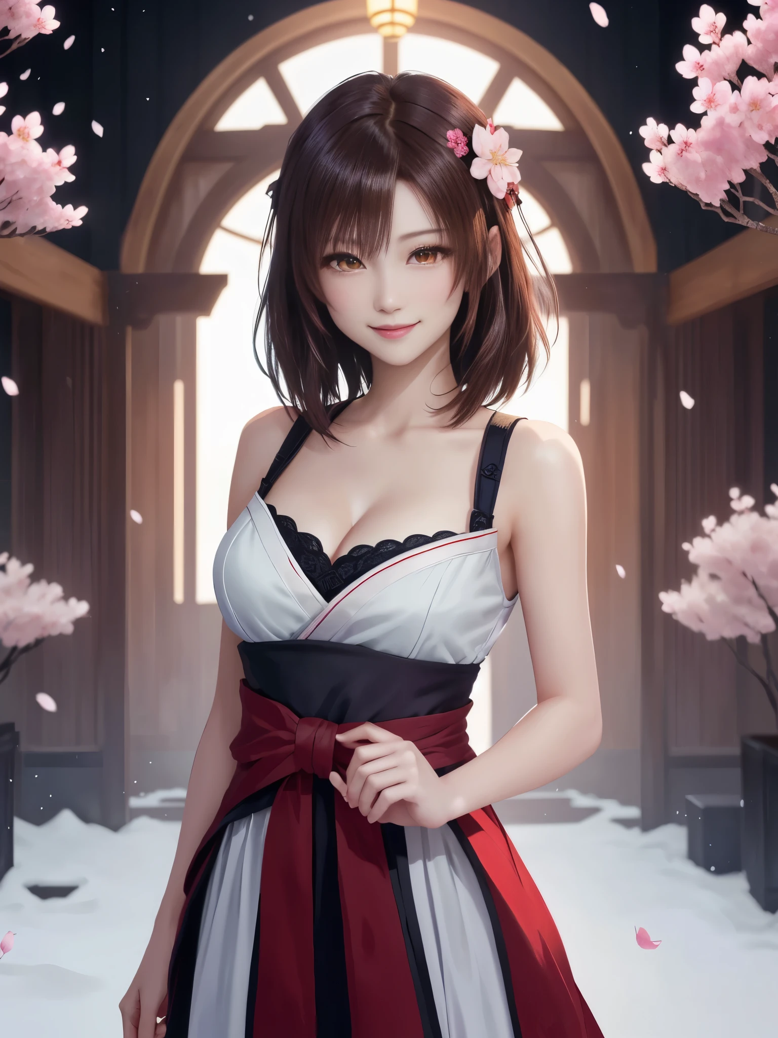 masterpiece , best quality,smile,smile,small face,the whole body is facing forward,shoulder exposure,cleavage exposure,bright brown hair,slender body shape,brown eyes,sharp contrast,short hair,美しいフォルムのshort hair,just one person,precision quality,Faithfully reproduced eyes, 一面に咲くcherry blossom background,snow scene,masterpiece, 幻想的なcherry blossom background,night,nightの背景,cherry blossom background,beautiful details, colorful, delicate details, delicate lips, intricate details, genuine, ultrargenuineista, 枝に座っている色とりどりの髪のFoxを持つ女の子:Mature, bright eyes, ,色とりどりのFox, raposa de nine tails, 三尾Fox, 三尾Fox, onmyoji detail art, beautiful fine art illustration, mythical creatures, Fox, beautiful digital art,shrine maiden,hold hands,exquisite digital illustration, mizutsune, Inspired by mythical wild web creatures, pixiv in digital art, shining light, high contrast, Mysterious,