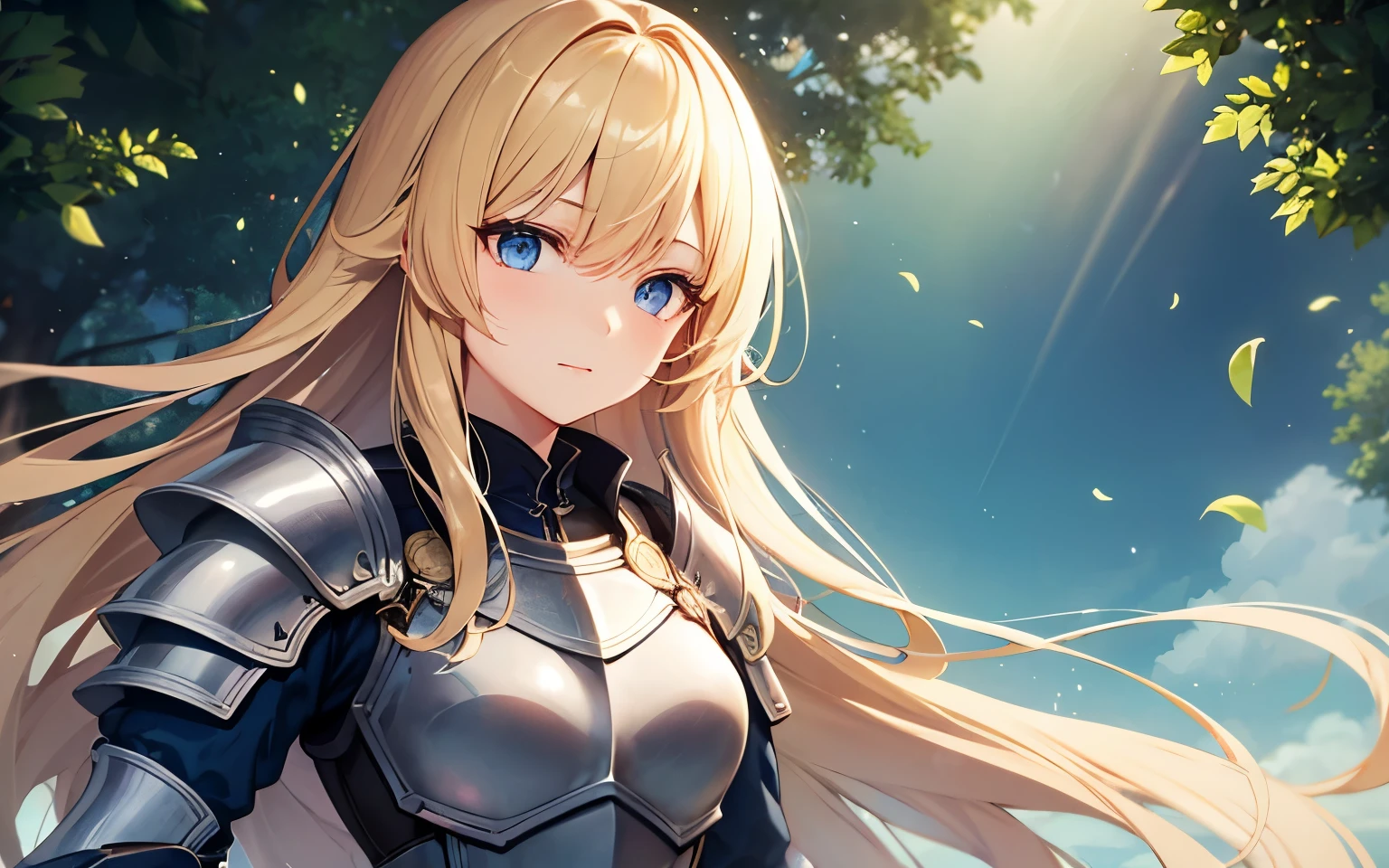 High quality、8k、blonde long hair、Cobalt blue eyes、beautiful girl、female knight、fantasy world、bright background、rich in nature、wearing armor、have a sword、active atmosphere、