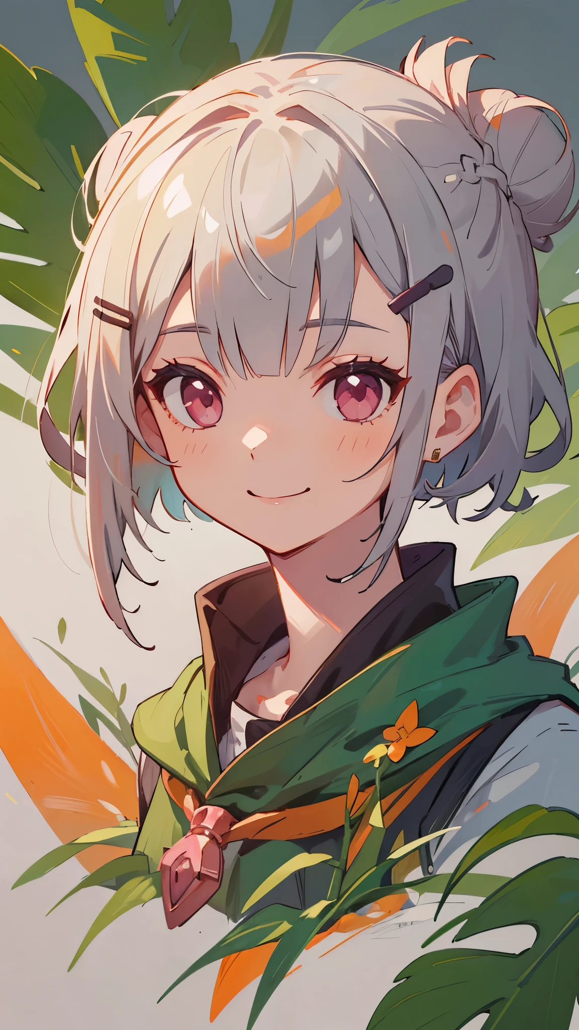 Single Portrait、girl、smile、impression、(oil)、Green and orange tones、Short silver bob hair in a bun with a hair clip、pink eyes