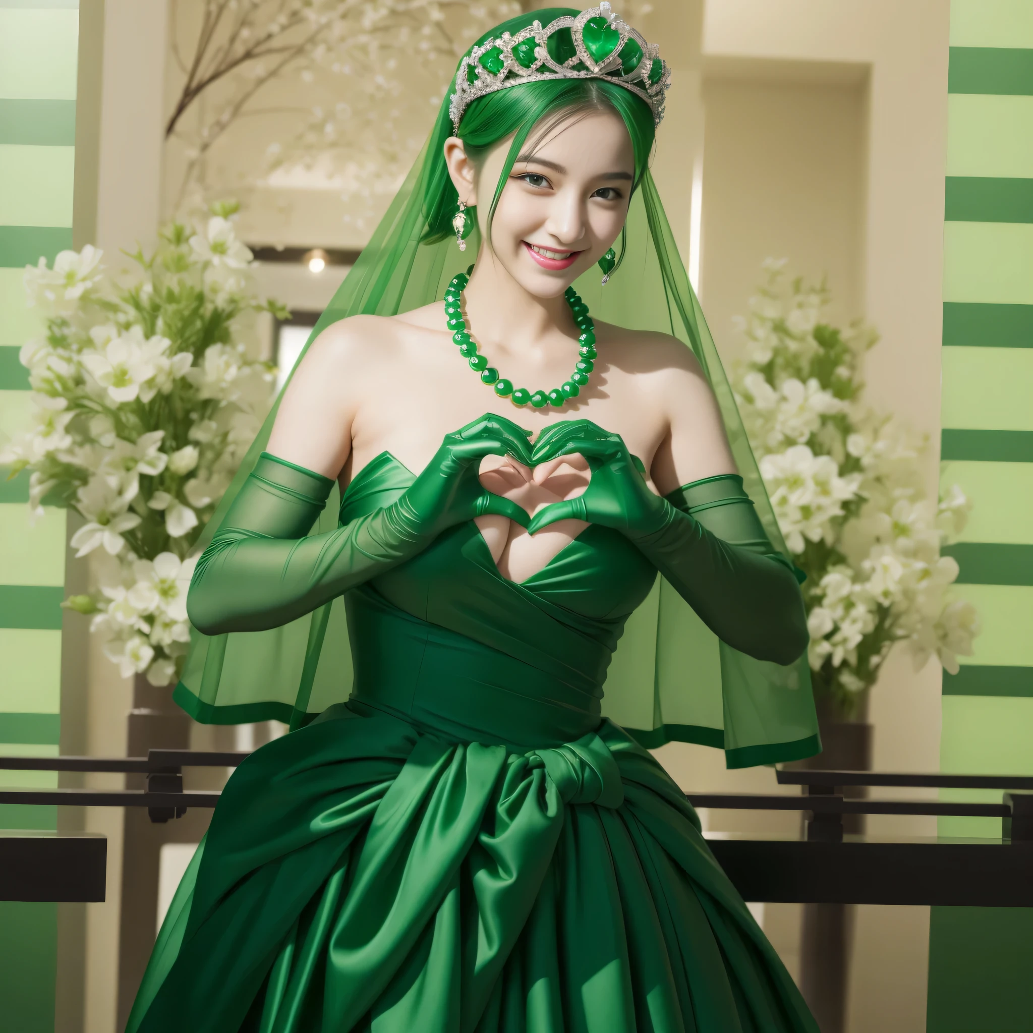 emerald tiara, Green Pearl Necklace, ボーイッシュな非常に短いgreen hair, green lips, smiling Japanese woman, very short hair, Beautiful woman with big breasts, green eyes, green satin long gloves, green eyes, emerald earrings, Green veil, Heart with both hands, green hair, beautiful japanese woman, heart shaped hands:1.3, green lip gloss