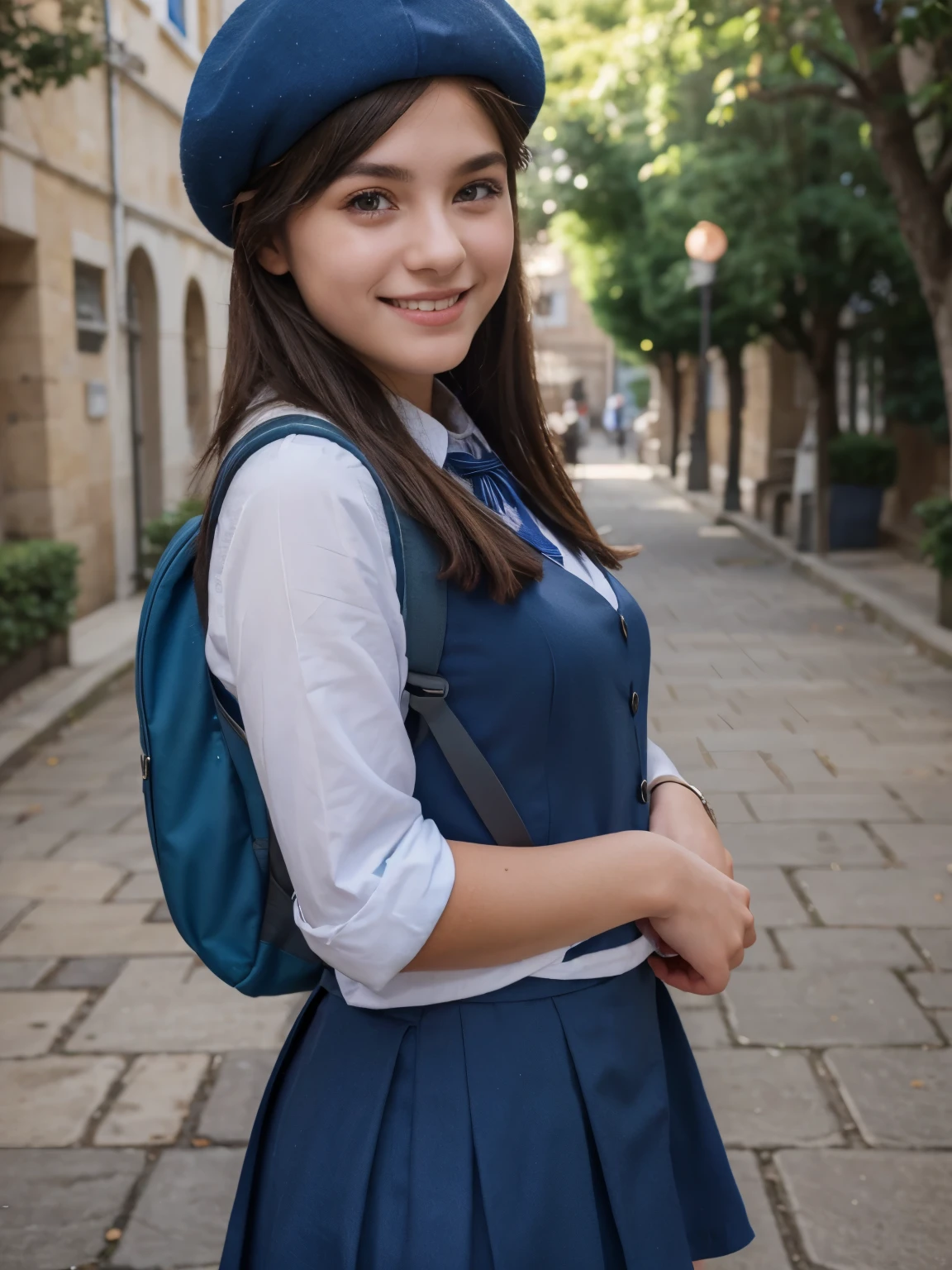 (high quality, 4k, realistic), portrait of a high school girl from Europe, wearing a blue school uniform and a blue beret, smiling gently, carrying a backpack, with extremely detailed eyes and face, long eyelashes, and beautiful detailed lips