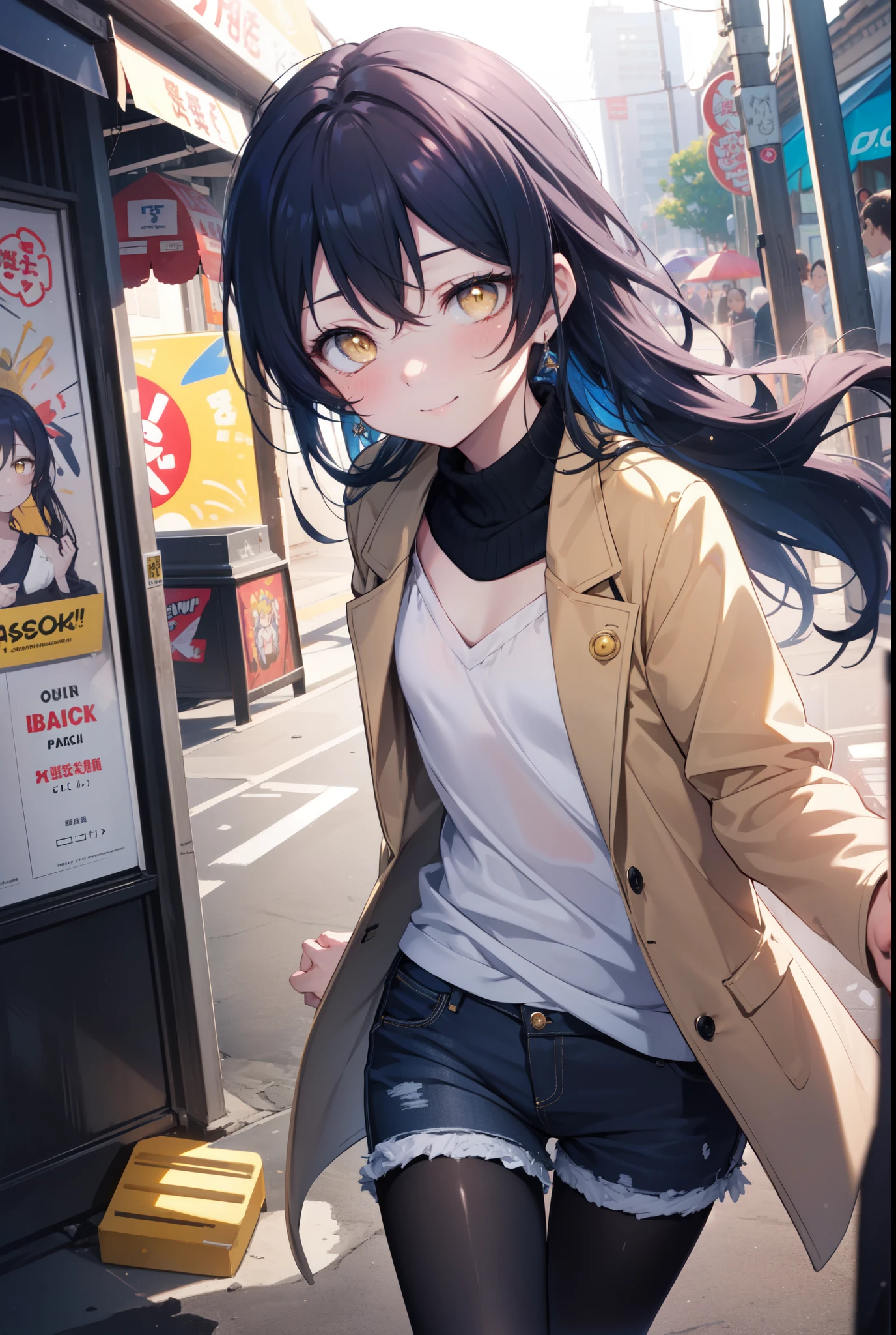 Kamisonoda, Umi Sonoda, long hair, blue hair, (yellow eyes:1.5) (flat chest:1.2),smile,blush,side lock, hair band, brown jacket、white shirt、black denim shorts、short boots,((black pantyhose))、naughty pose、大きなsmile、amusement park、観覧車
break looking at viewer,
break outdoors,  amusement park,
break (masterpiece:1.2), highest quality, High resolution, unity 8k wallpaper, (shape:0.8), (fine and beautiful eyes:1.6), highly detailed face, perfect lighting, Very detailed CG, (perfect hands, perfect anatomy),