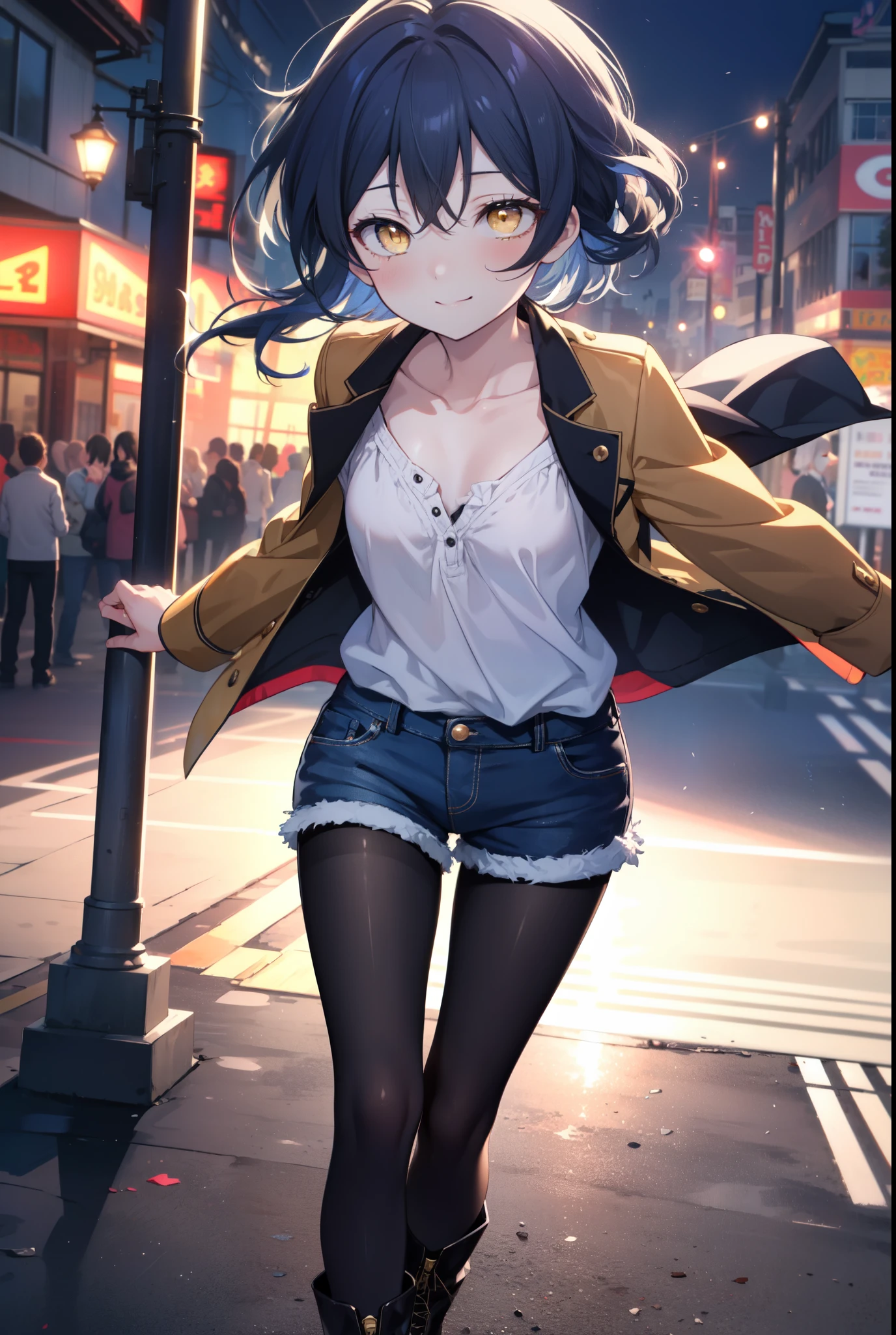 Kamisonoda, Umi Sonoda, long hair, blue hair, (yellow eyes:1.5) (flat chest:1.2),smile,blush,side lock, hair band, brown jacket、white shirt、black denim shorts、short boots,((black pantyhose))、naughty pose、大きなsmile、amusement park、観覧車
break looking at viewer,
break outdoors,  amusement park,
break (masterpiece:1.2), highest quality, High resolution, unity 8k wallpaper, (shape:0.8), (fine and beautiful eyes:1.6), highly detailed face, perfect lighting, Very detailed CG, (perfect hands, perfect anatomy),