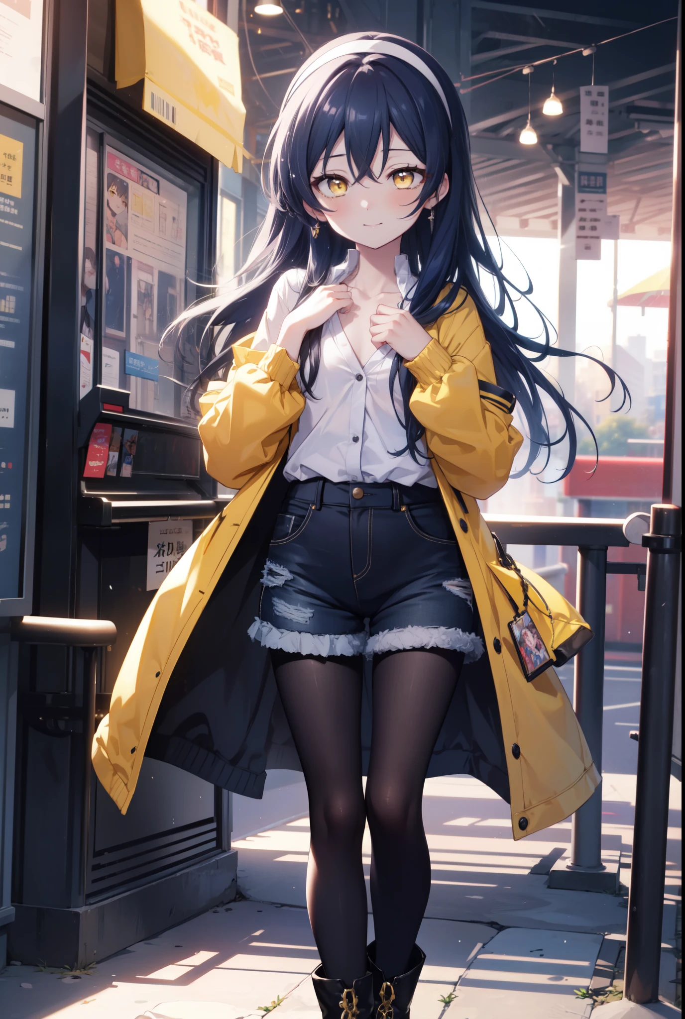 Kamisonoda, Umi Sonoda, long hair, blue hair, (yellow eyes:1.5) (flat chest:1.2),smile,blush,side lock, hair band, brown jacket、white shirt、black denim shorts、short boots,((black pantyhose))、naughty pose、大きなsmile、amusement park、観覧車
break looking at viewer,
break outdoors,  amusement park,
break (masterpiece:1.2), highest quality, High resolution, unity 8k wallpaper, (shape:0.8), (fine and beautiful eyes:1.6), highly detailed face, perfect lighting, Very detailed CG, (perfect hands, perfect anatomy),