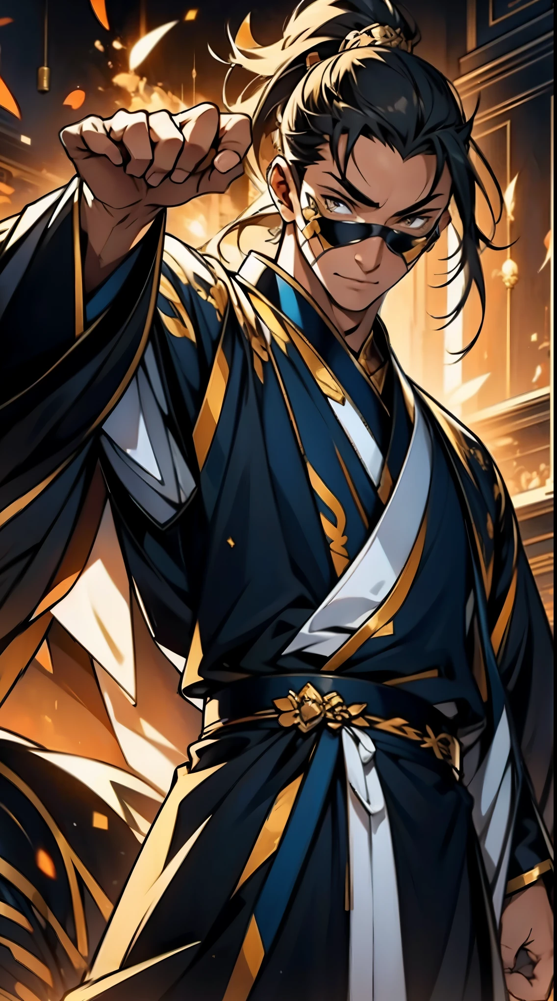 Two dimensions，anime style，one person（male warrior），proportions are correct，facial details，swordsman，high ponytail hairstyle，neck detail，Have an Adam&#39;s apple，Black and gold robe，joke，Black and gold robe，clothing details，Hand over，long sleeves，Game quality，fencing，Ray tracing，Ray tracing，Detailed glow，CG rendering，hair details，Long black and blond hair，Black-gold eyes，Handsome，Handsome，（Youthful feeling），Costumes are complicated，Perfect composition，refine，high quality，higher details，many details，Complex background，a sense of atmosphere，