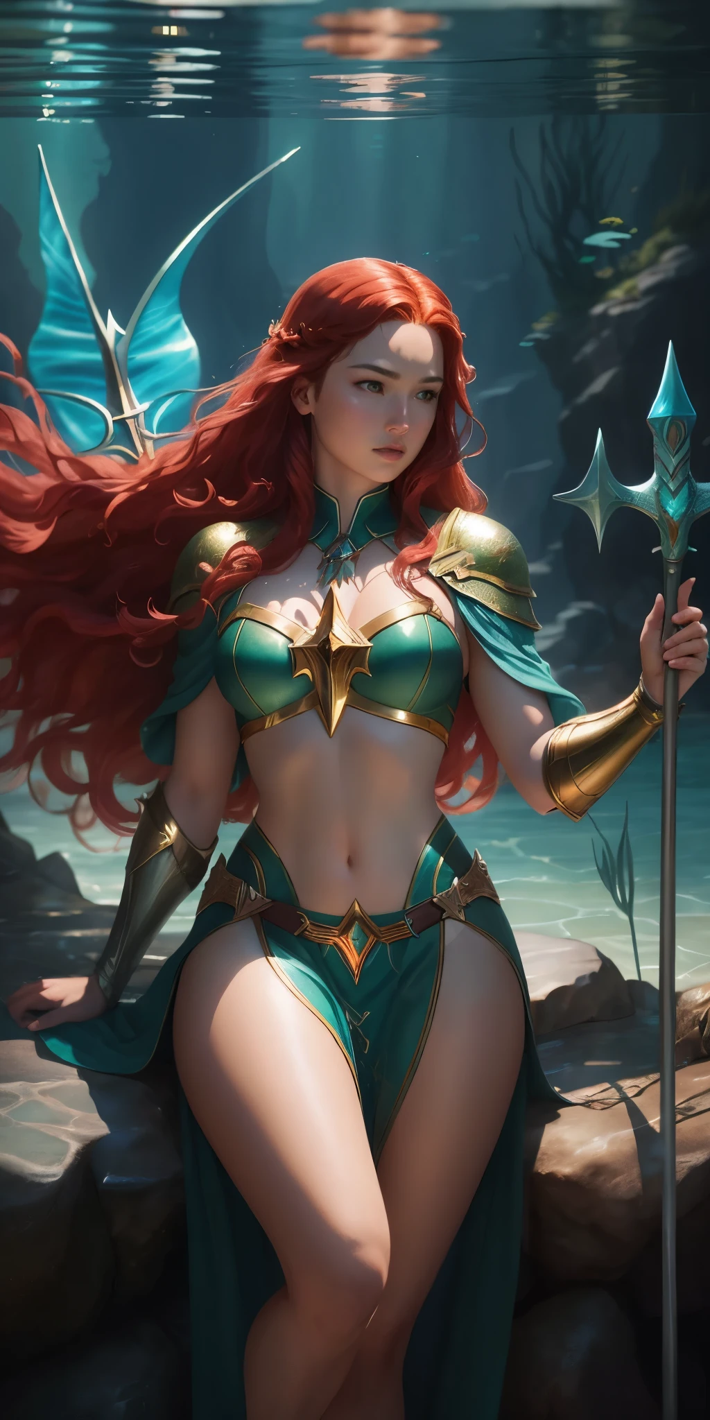 SFW, [fantasy], watercolor illustration, panorama, beautiful and sexy Atlantis princess (mermaid tail), holding a glowing trident, wearing a blue-green cape, underwater in a lotus pond, giant lotus leaves, lush lotus flowers, toned physique, perfect big round chest, toned medium ass, perfect limbs, perfect hands, long red hair, (delicate skin, long skin pores), maximum detail, highest quality, (aura: 0.5), light tracking, mirror lighting, light Deep, light field skating, from the movie Aquaman movie, [Arcane Fantasy: 12]