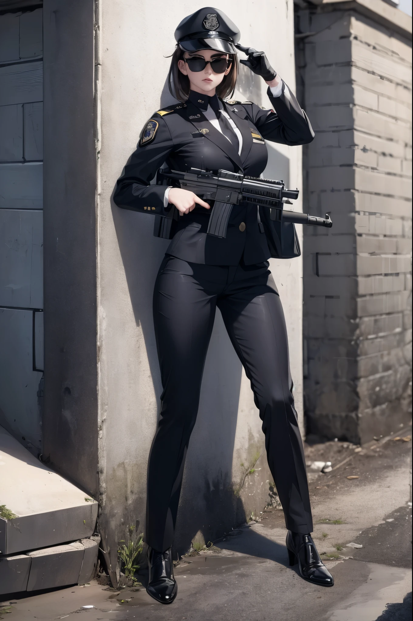 A female agent wearing a suit，Wearing sunglasses，Holding an M5 submachine gun，Half squat and hide behind a wall，Observe your surroundings