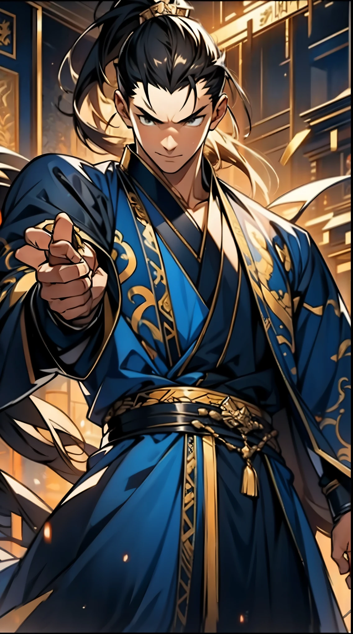 Two dimensions,anime style,one person(male warrior),proportions are correct,facial details,swordsman,high ponytail hairstyle,neck detail,Have an Adam's apple,Black and gold robe,joke,Black and gold robe,clothing details,Hand over,long sleeves,Game quality,fencing,Ray tracing,Ray tracing,Detailed glow,CG rendering,hair details,Long black and blond hair,Black-gold eyes,Handsome,Handsome,(Youthful feeling),Costumes are complicated,Perfect composition,refine,high quality,higher details,many details,Complex background,a sense of atmosphere,