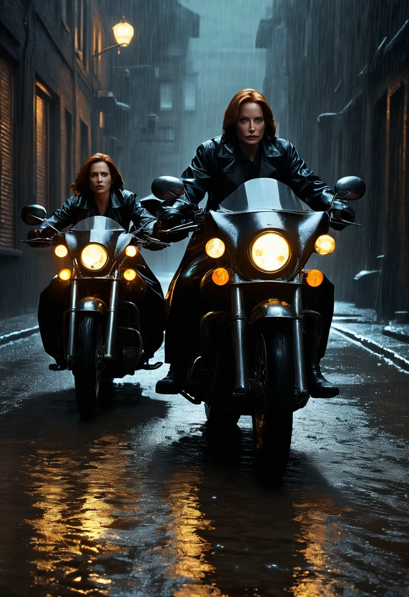 High Resolution, High Quality, Masterpiece People like special Agents Muldor and Scully (X-Files) in leather raincoats on a motorcycle with a sidecar. Movement. The chase. Reflective raindrops. Tension.Noir style, dark in an alley, cinematic light, lots of detail, realistic, 4k, cinema, epic, rain, neon ambiance, abstract black oil, detailed acrylic, grunge, intricate complexity, rendered in unreal engine, photorealistic acrylic grunge ambiance, portrayed with the intricate complexity of a photorealistic Unreal Engine render, composition adhering to the golden ratio, 8k resolution capturing the soft, volumetric, cinematic lighting