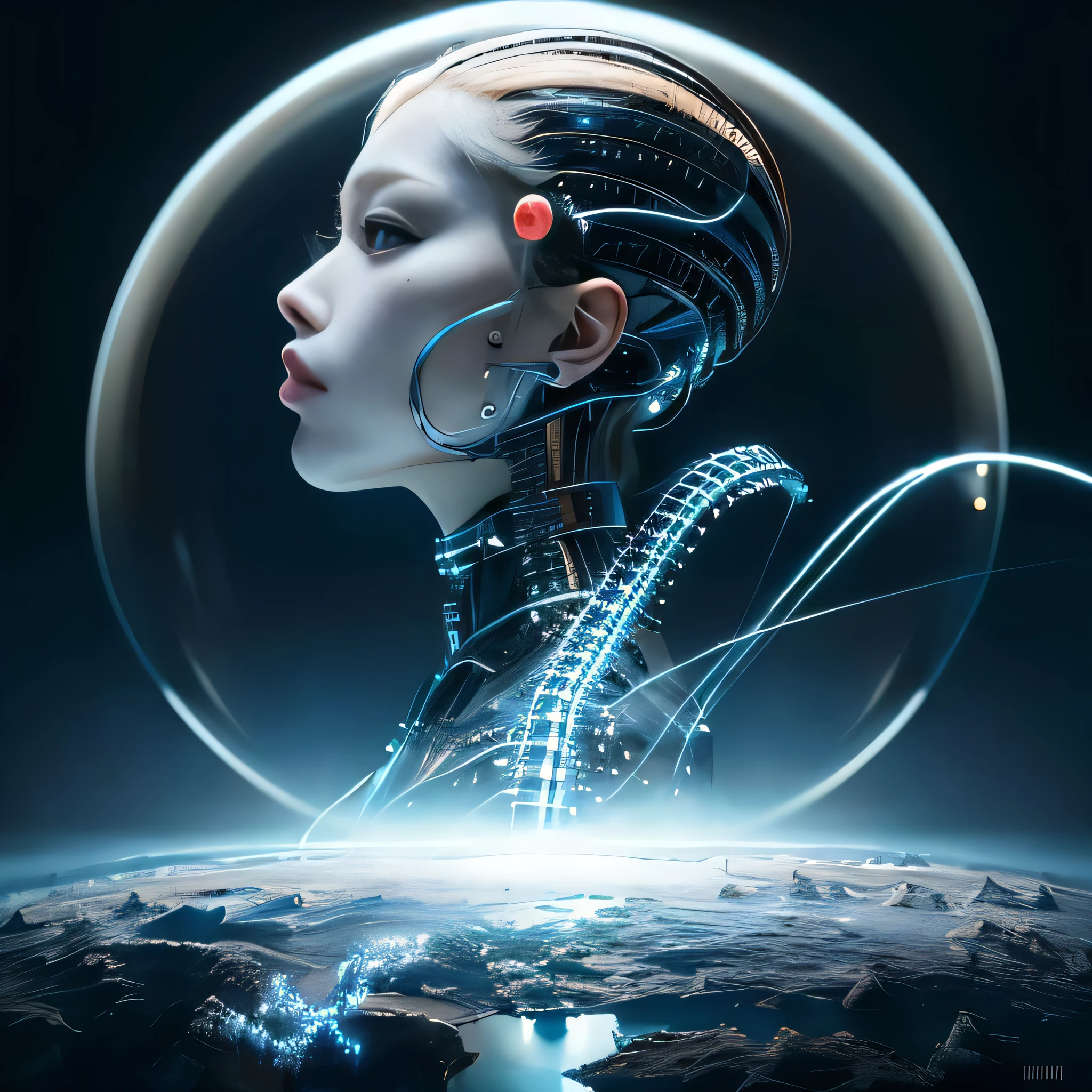 Sophisticated 3D rendering of ultra-detailed beautiful porcelain silhouette woman Android face, cyborg, robotic parts, 150mm, Beautiful studio soft lighting, Edge light, Vibrant details, Luxury Cyberpunk, lace, hyperactual, anatomical, facial muscles, Cable wire, microchip, elegant, Beautiful background, octane rendering, H. right. jig style, 8k, best quality, masterpiece, illustration, extremely delicate and beautiful, Very detailed ,CG ,Unite ,wallpaper, (actual, photo-actual:1.37),Astonishing, fine details, masterpiece,best quality,official art, Very detailed CG Unite 8k wallpaper, Ridiculous, incredibly Ridiculous, robot, silver beads, whole body