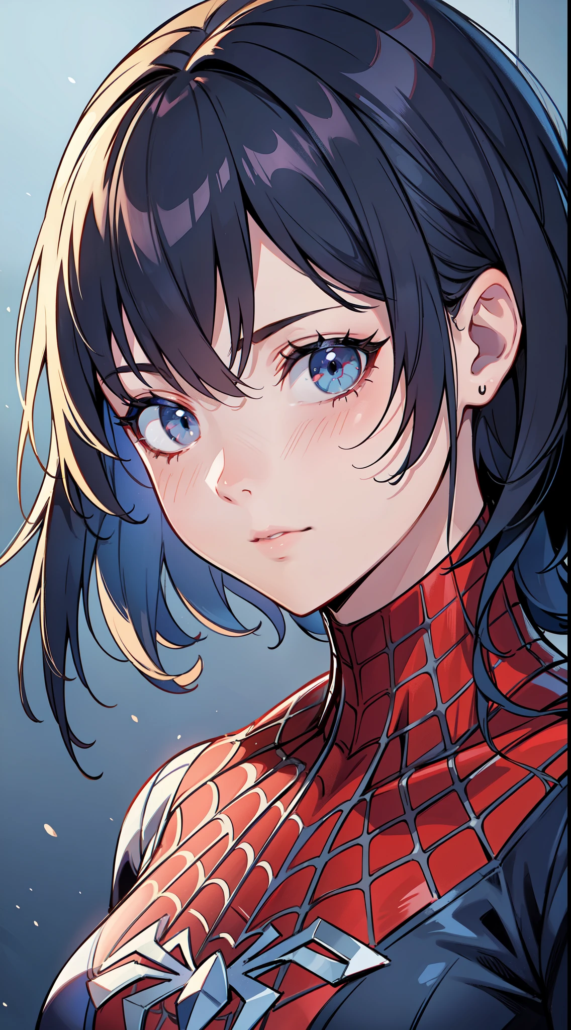 Closeup photo portrait of female Spiderman, atmospheric scene, masterpiece, best quality, (detailed beautiful face, detail skin texture, ultra-detailed body:1.1),