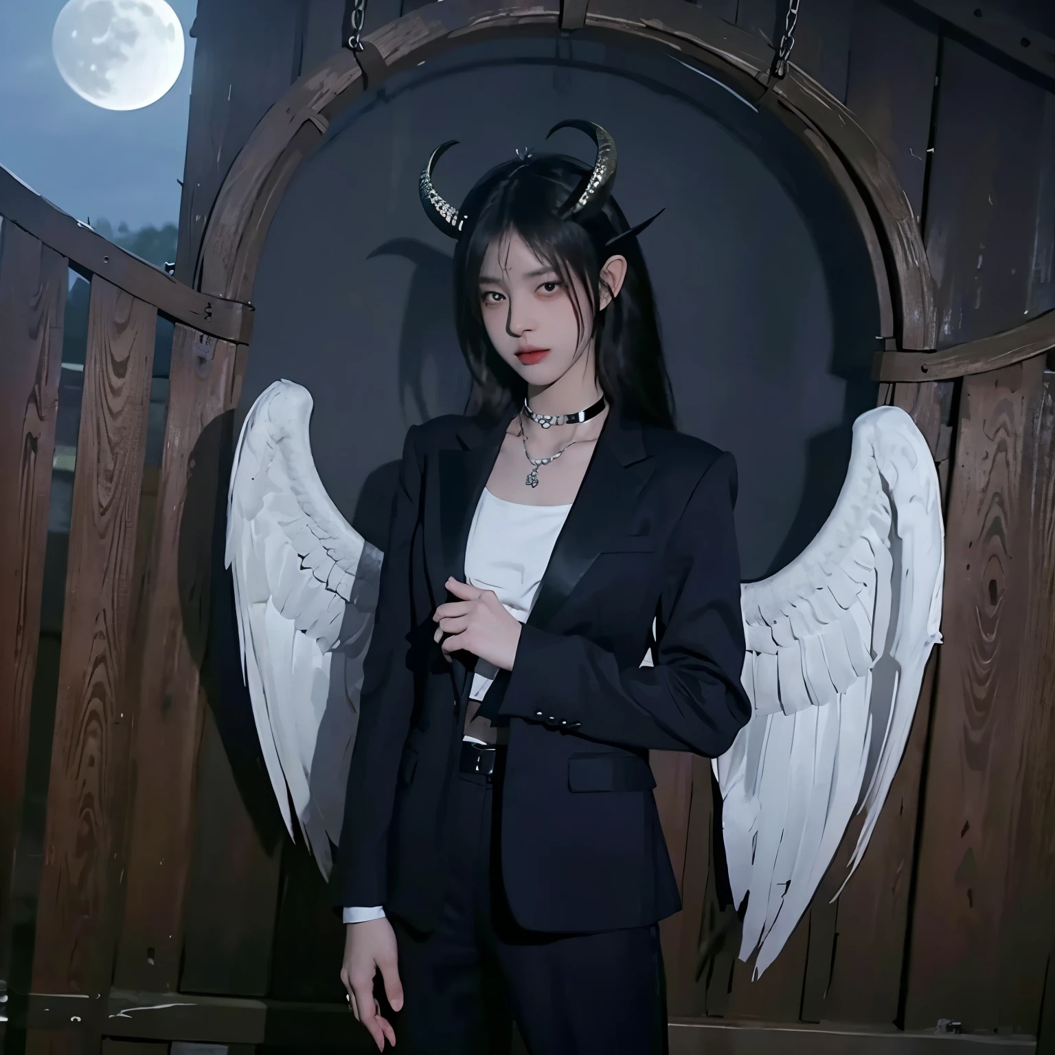 Bondage, tied up,satanic necklace,choker, black suit, suit with tie, black veil, satanic earing,standing in the lake with moon in the sky, angel, wings, White wings, holy girl, horns, lucifer, bdsm, holding a goat head, hold a goat head, holding a goat's head, holding a goat